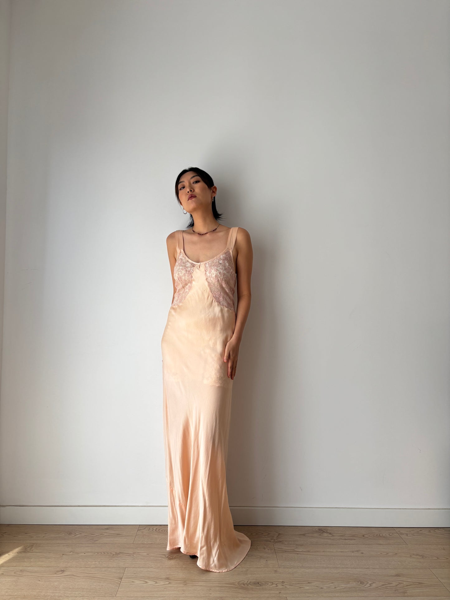 1920s Pesch Pastel Pink Silk Bias Cut Pure Silk Lace Nightgown