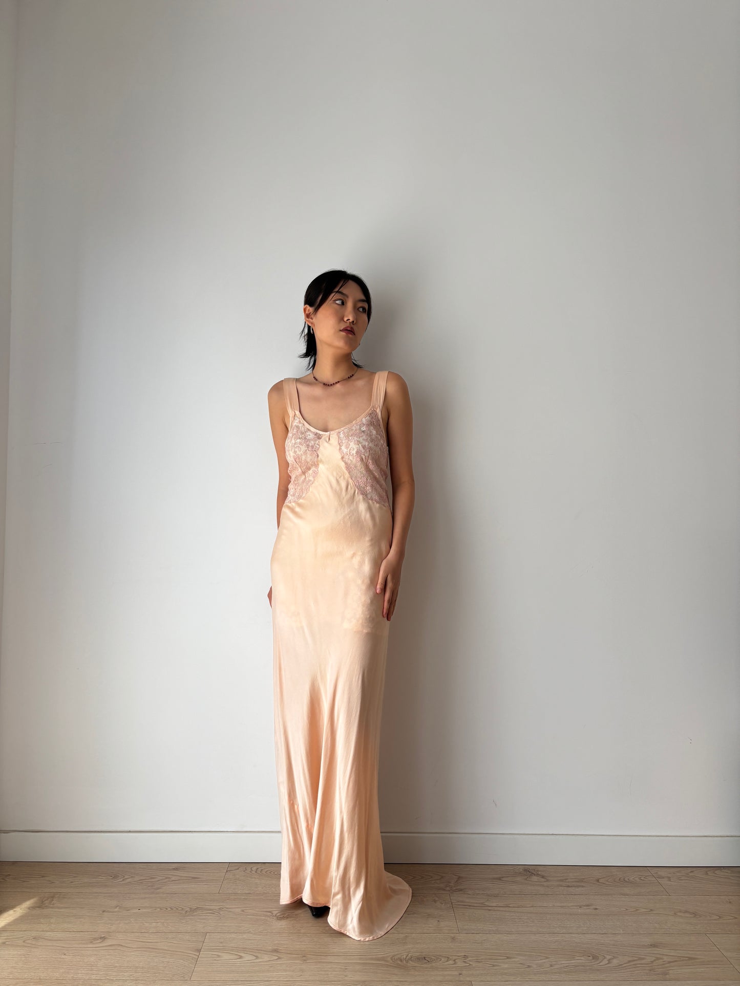 1920s Pesch Pastel Pink Silk Bias Cut Pure Silk Lace Nightgown