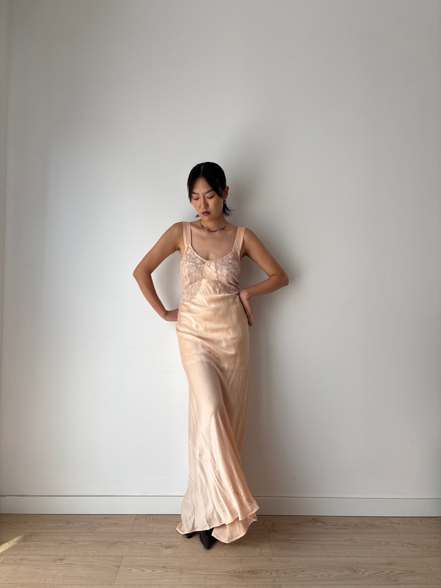 1920s Pesch Pastel Pink Silk Bias Cut Pure Silk Lace Nightgown