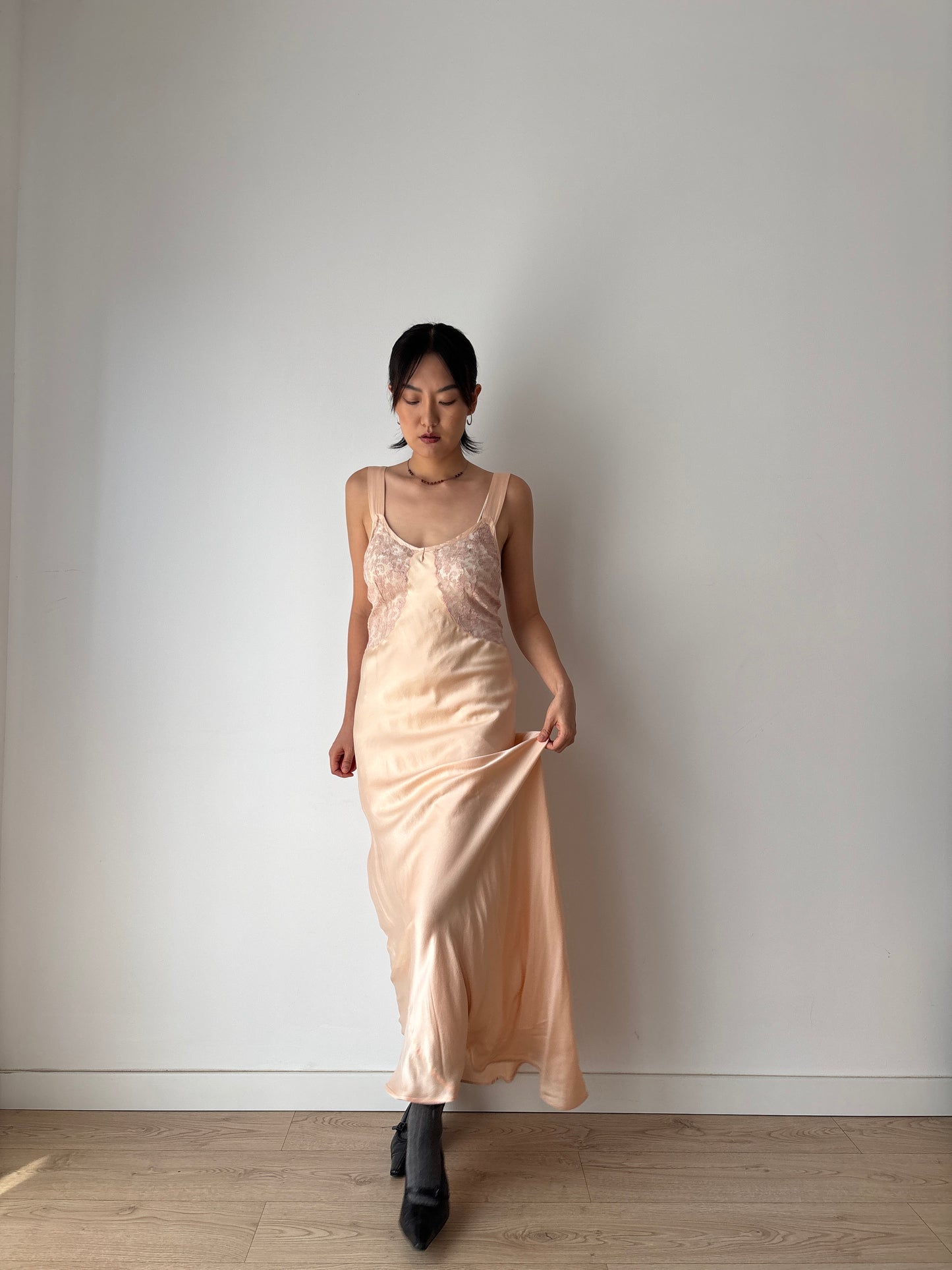 1920s Pesch Pastel Pink Silk Bias Cut Pure Silk Lace Nightgown