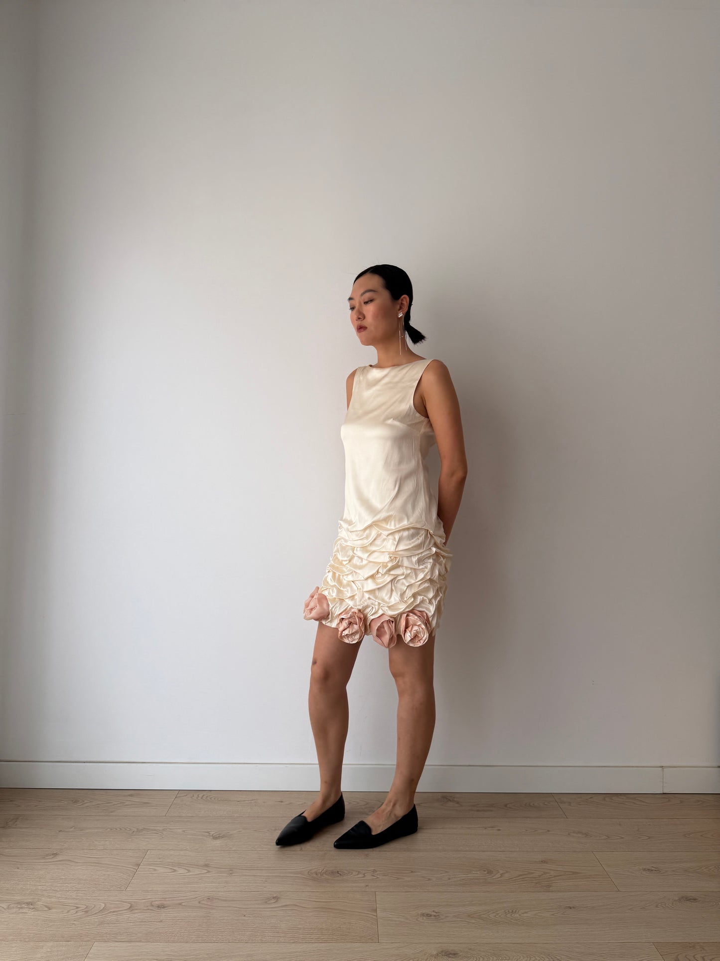 2000s 90s Y2K Bridal Romantic Pure Silk Midi Dress With Roses