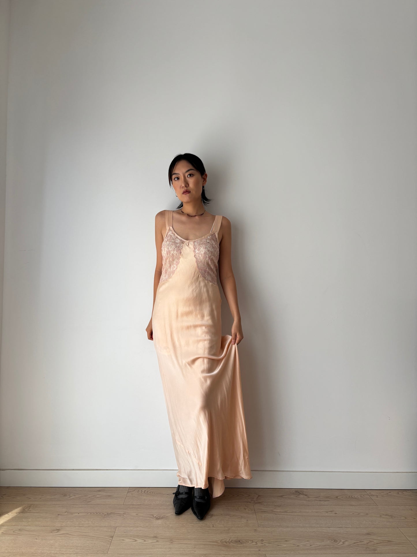 1920s Pesch Pastel Pink Silk Bias Cut Pure Silk Lace Nightgown