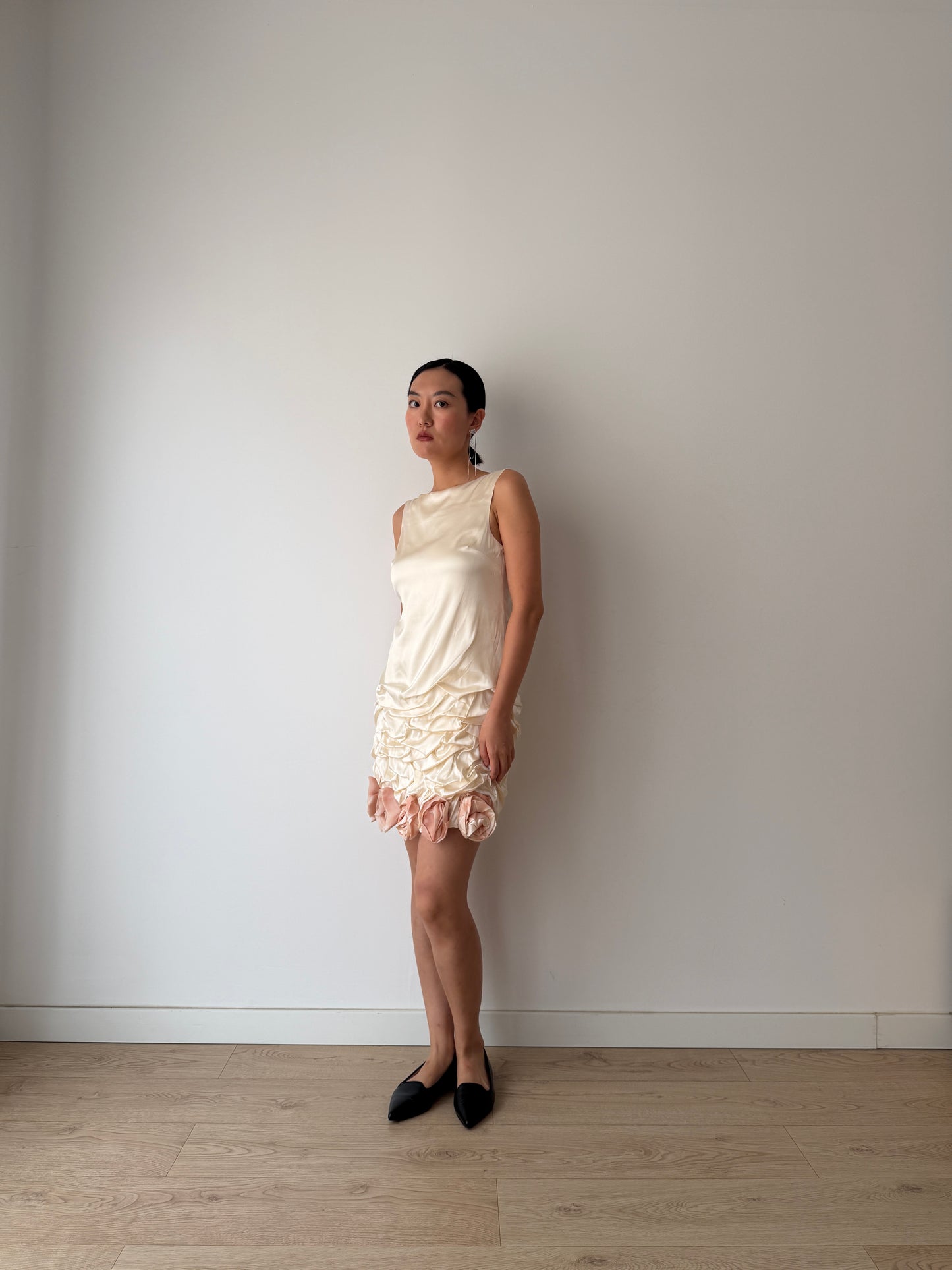 2000s 90s Y2K Bridal Romantic Pure Silk Midi Dress With Roses