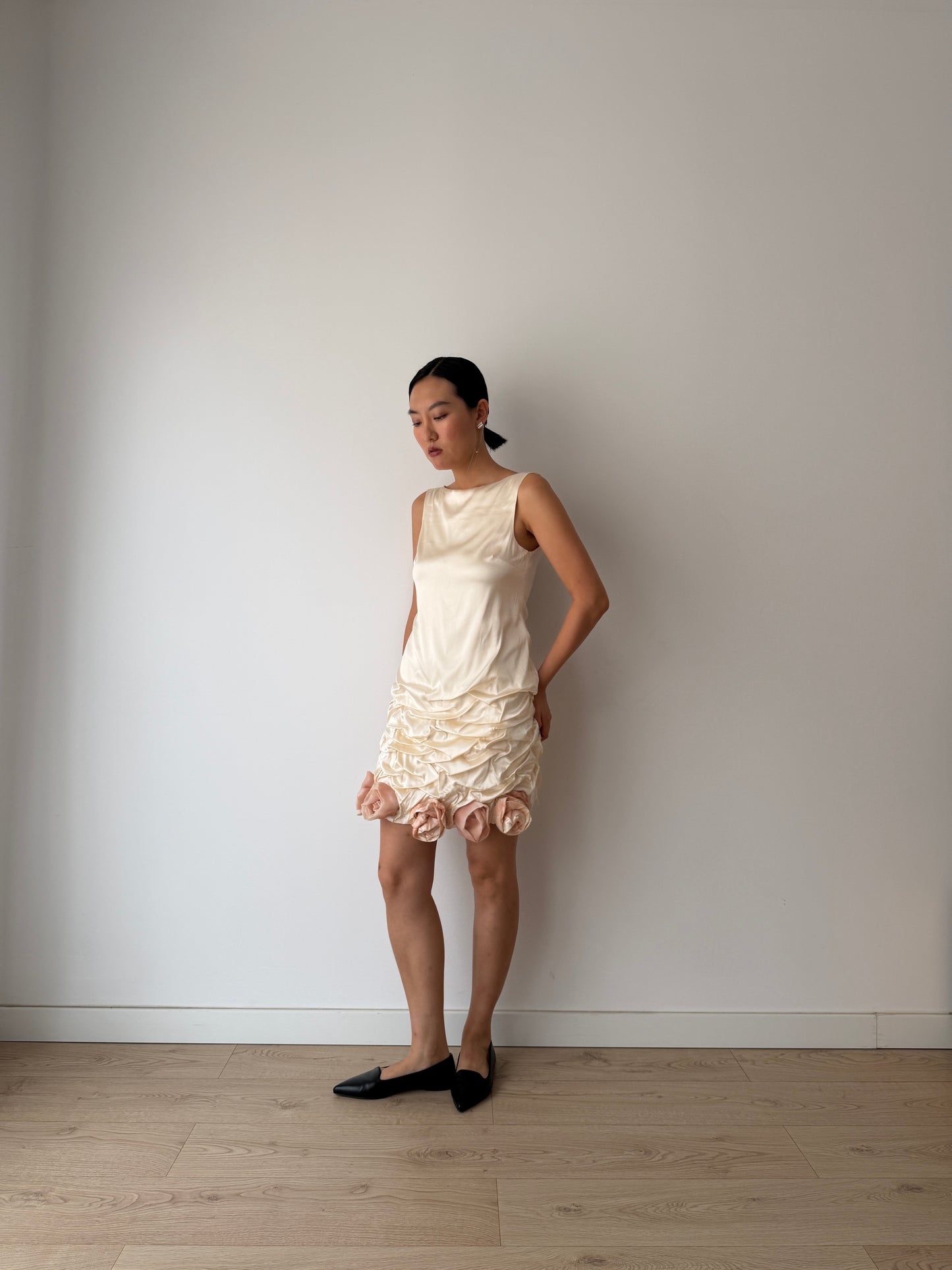 2000s 90s Y2K Bridal Romantic Pure Silk Midi Dress With Roses