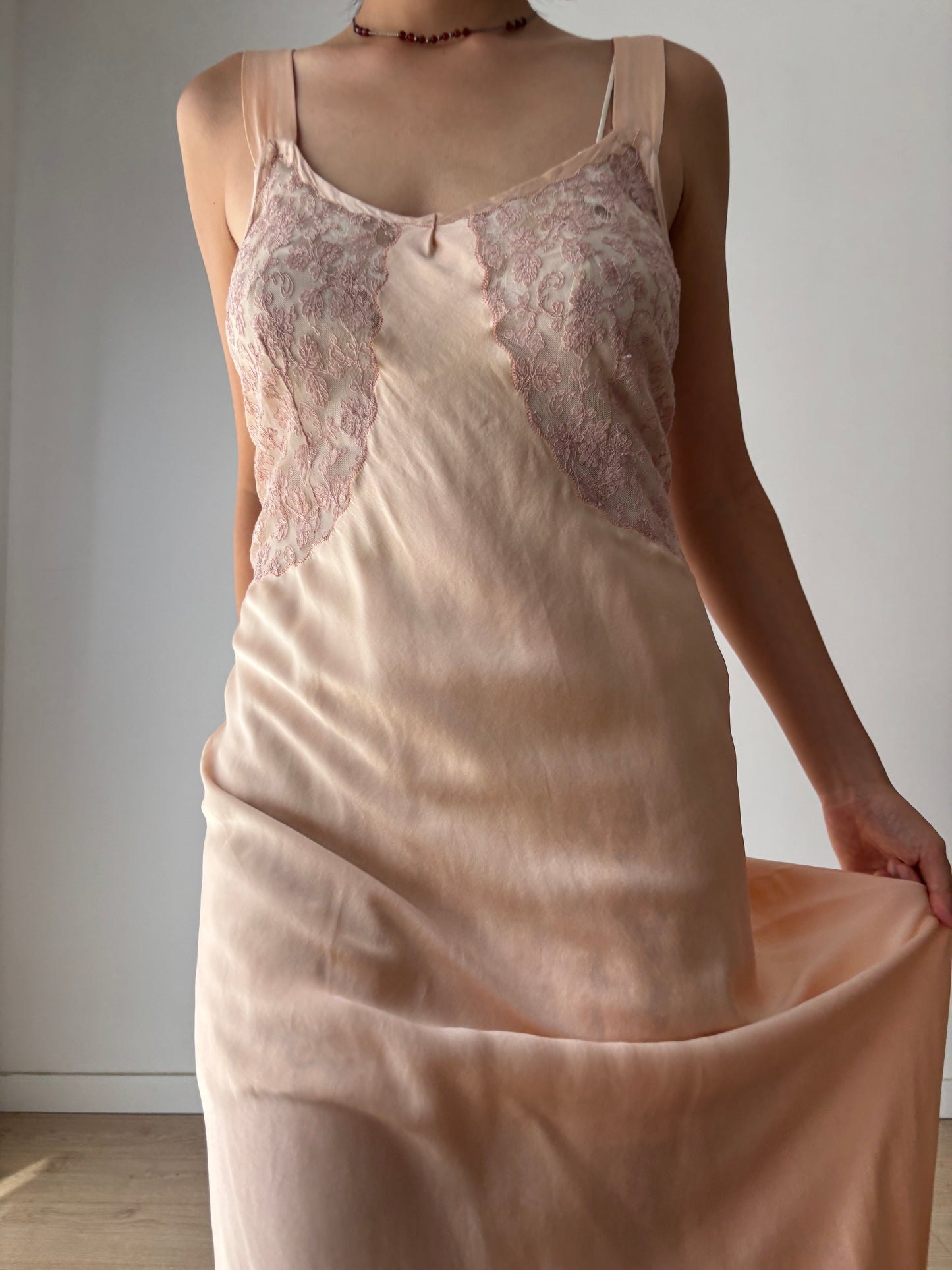 1920s Pesch Pastel Pink Silk Bias Cut Pure Silk Lace Nightgown