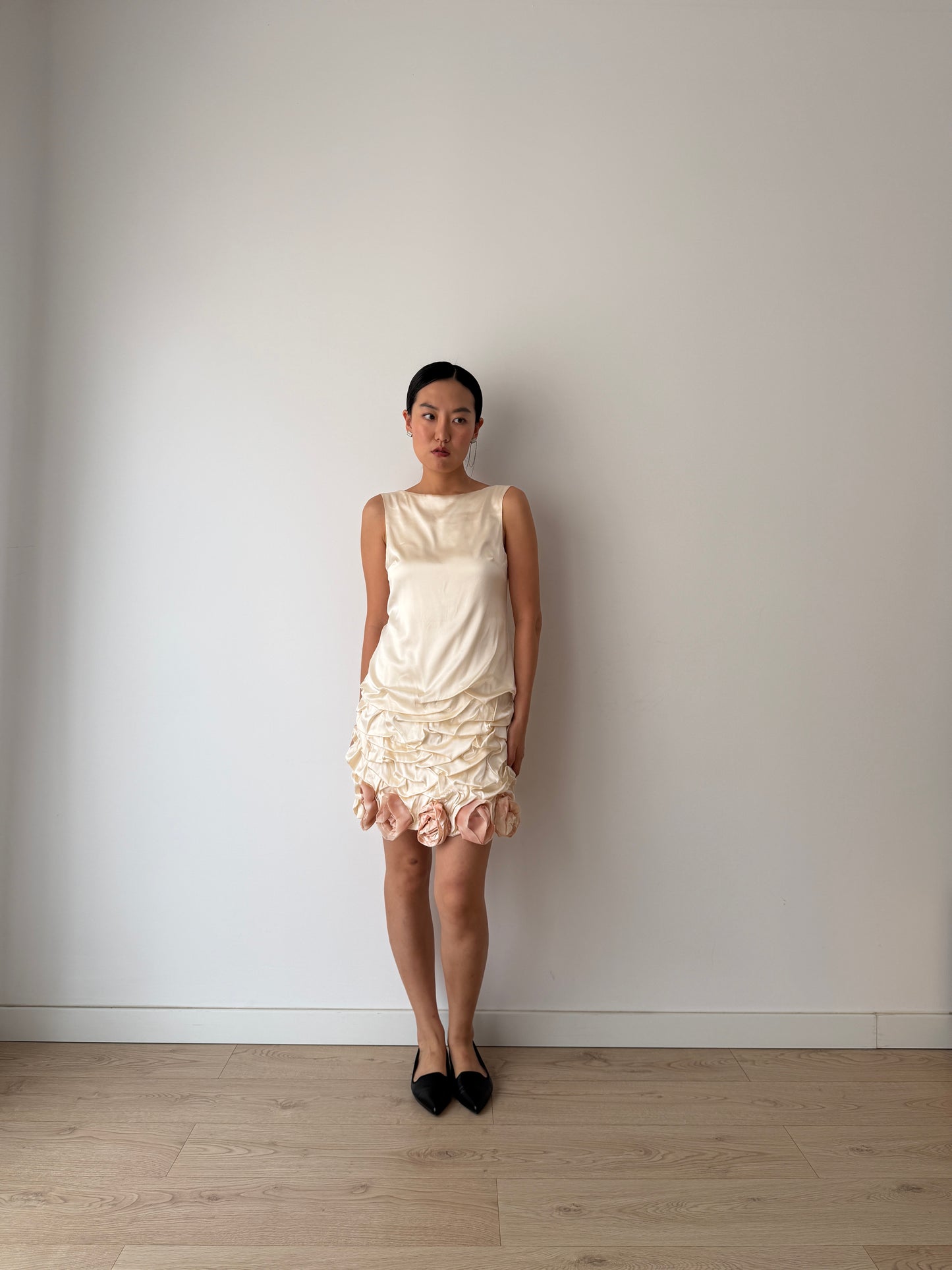 2000s 90s Y2K Bridal Romantic Pure Silk Midi Dress With Roses