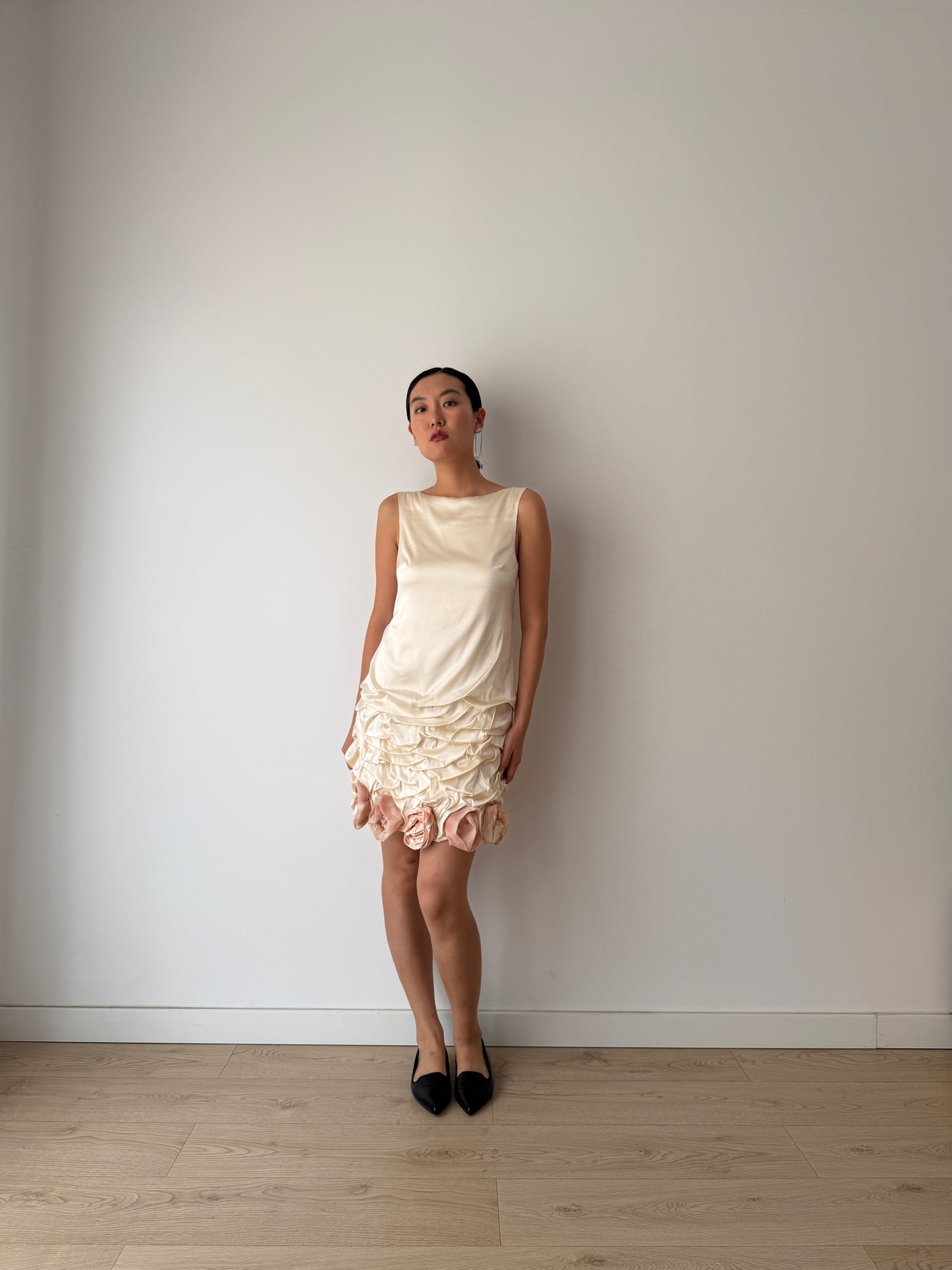 2000s 90s Y2K Bridal Romantic Pure Silk Midi Dress With Roses