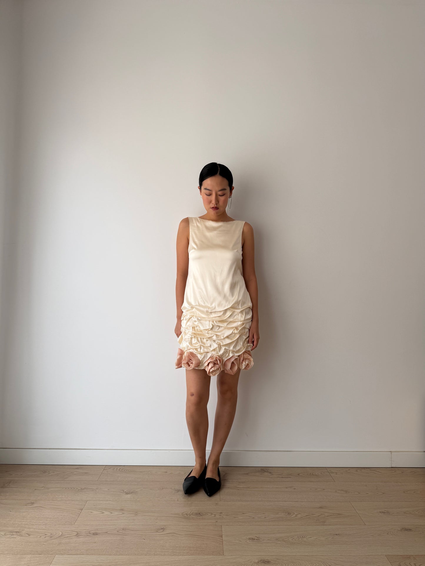 2000s 90s Y2K Bridal Romantic Pure Silk Midi Dress With Roses