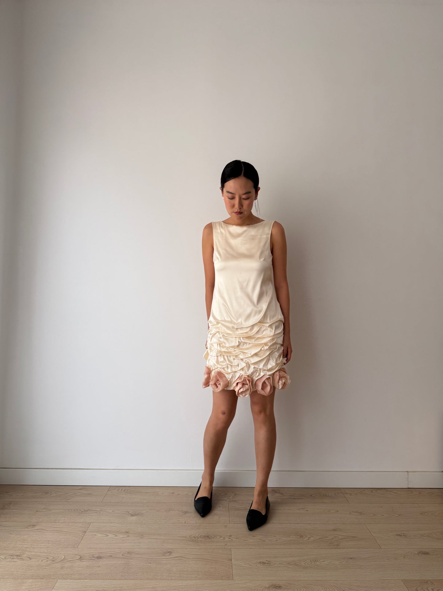 2000s 90s Y2K Bridal Romantic Pure Silk Midi Dress With Roses