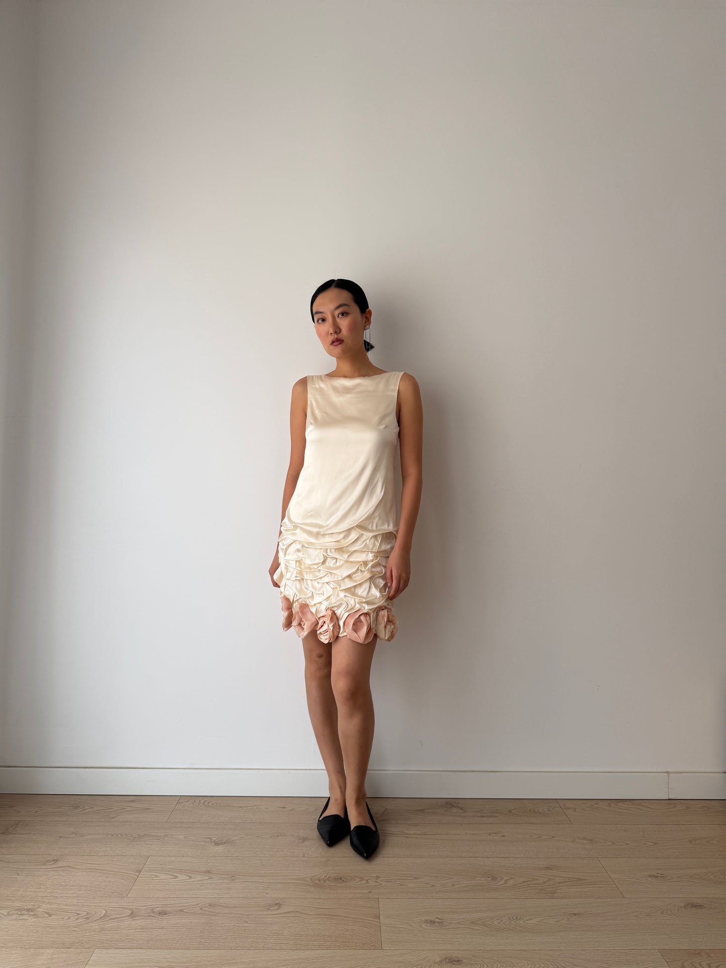 2000s 90s Y2K Bridal Romantic Pure Silk Midi Dress With Roses