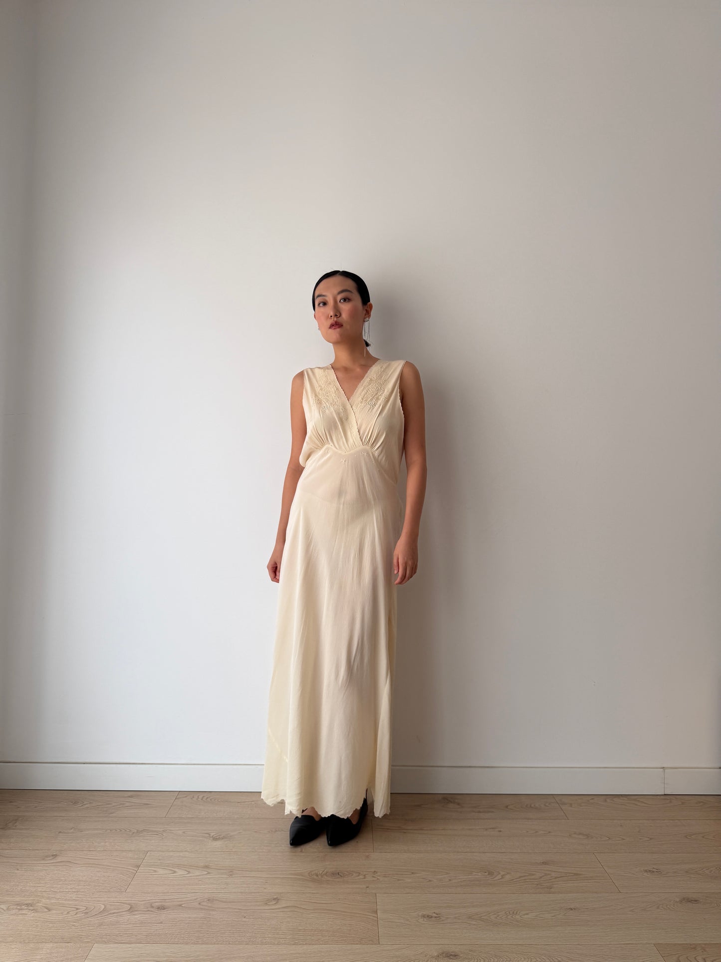 1950s bridal bias cut liquid pure silk crepe lace art deco style nightgown maxi slip dress
