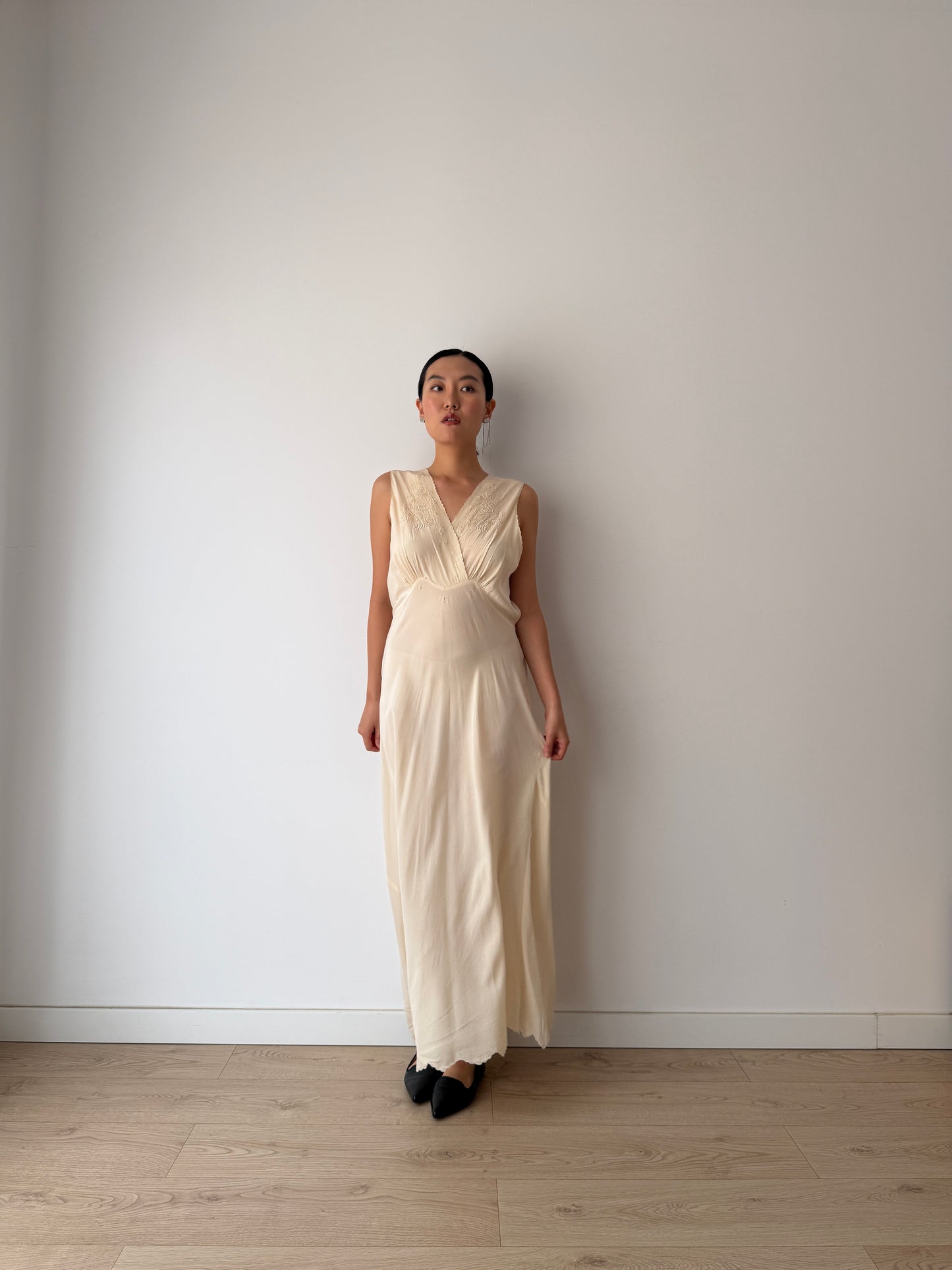 1950s bridal bias cut liquid pure silk crepe lace art deco style nightgown maxi slip dress