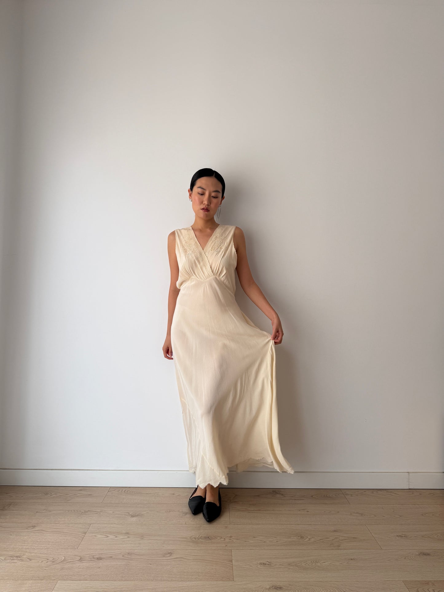 1950s bridal bias cut liquid pure silk crepe lace art deco style nightgown maxi slip dress