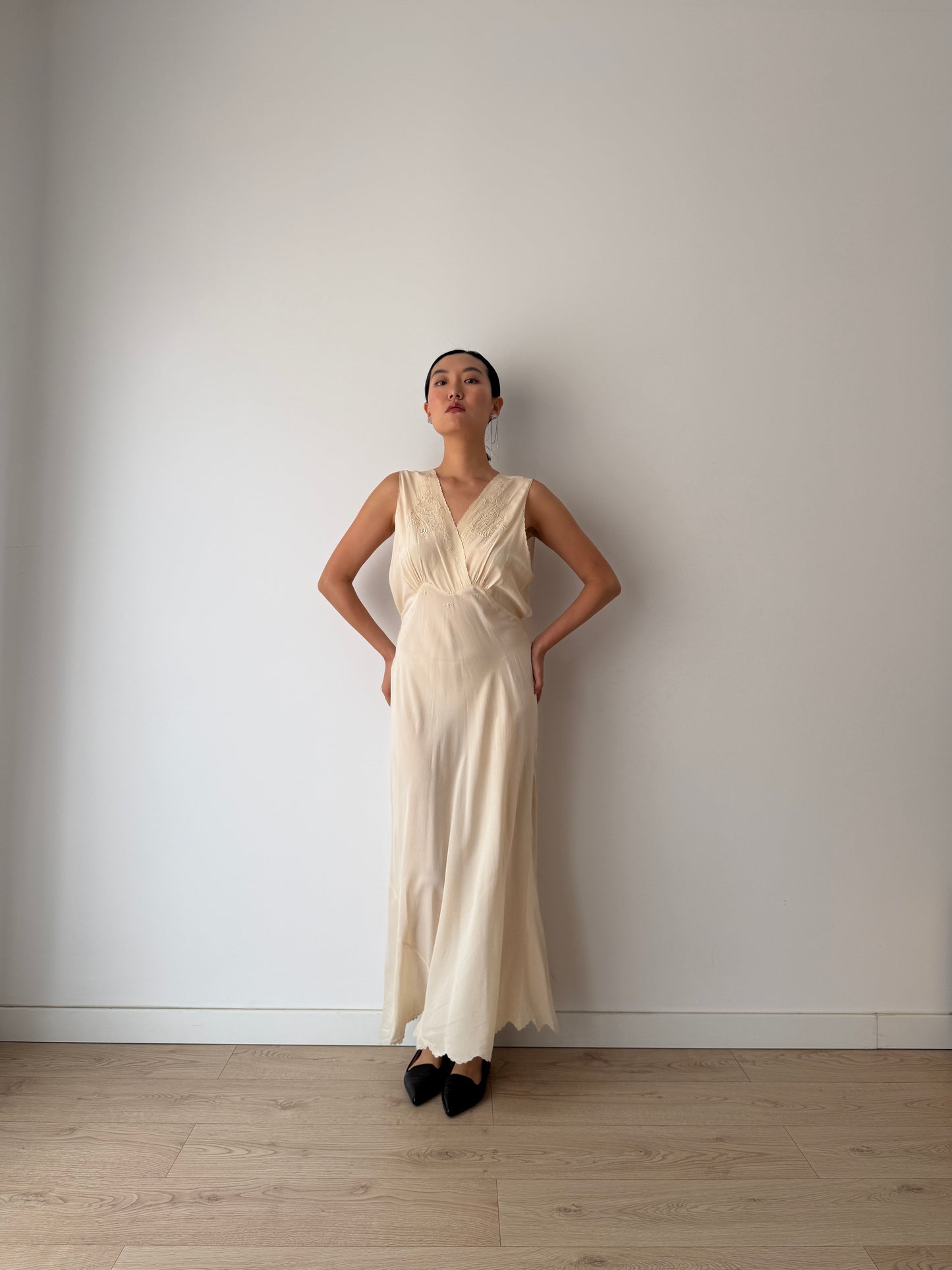 1950s bridal bias cut liquid pure silk crepe lace art deco style nightgown maxi slip dress