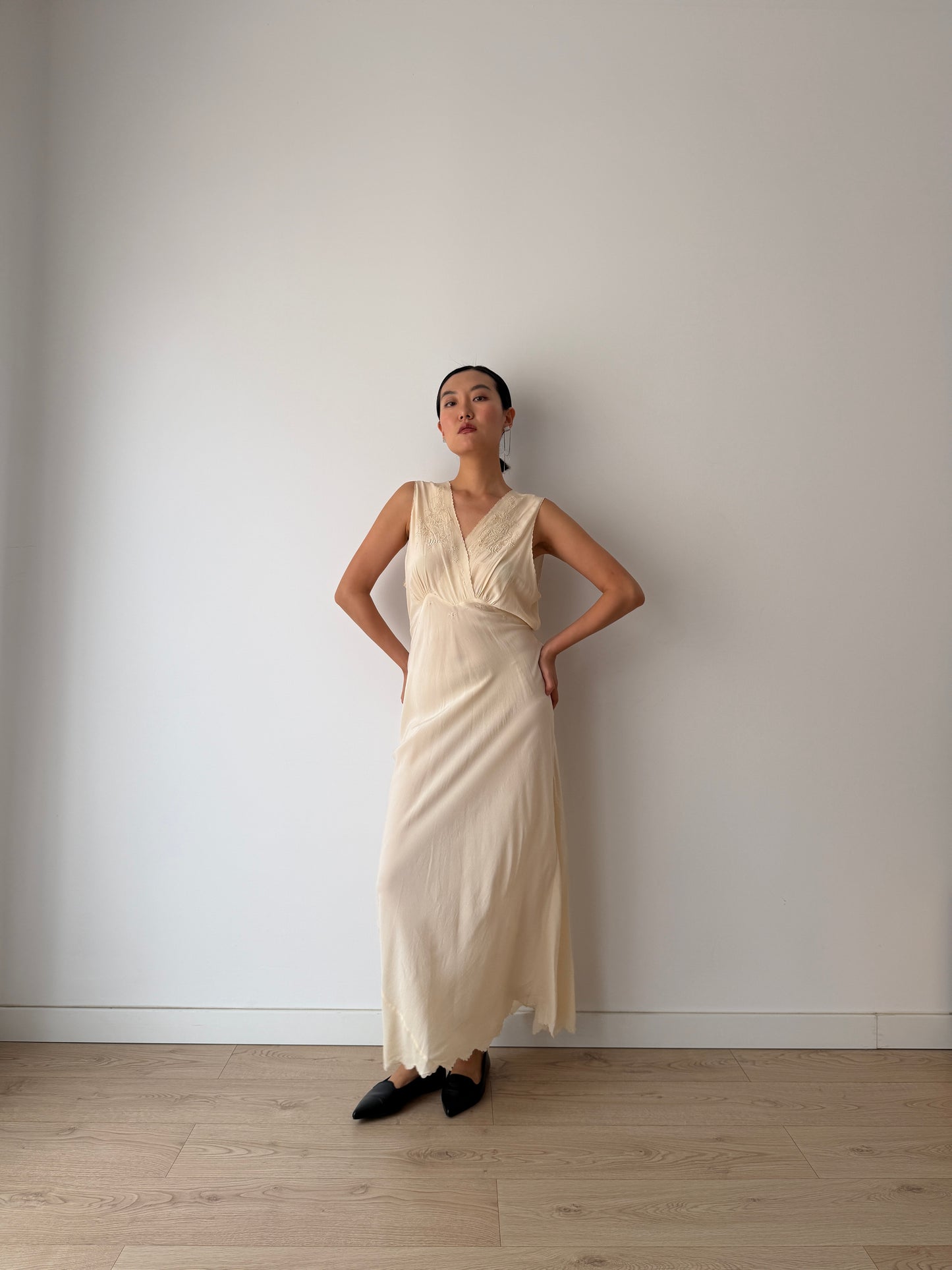 1950s bridal bias cut liquid pure silk crepe lace art deco style nightgown maxi slip dress