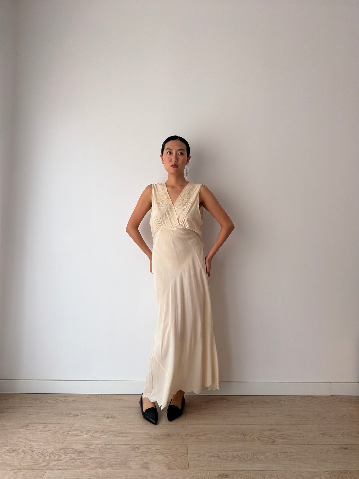 1950s bridal bias cut liquid pure silk crepe lace art deco style nightgown maxi slip dress