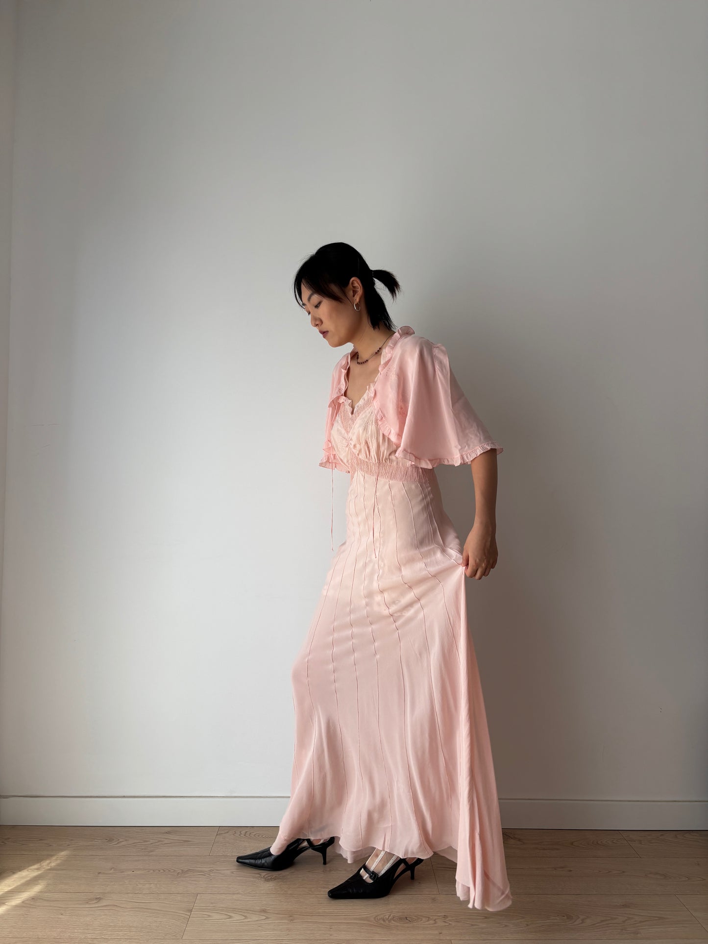 1930s 40s Pink Pure Silk Nightgown 2 Piece Set / Bed jacket and Slip Dress Lingerie Set