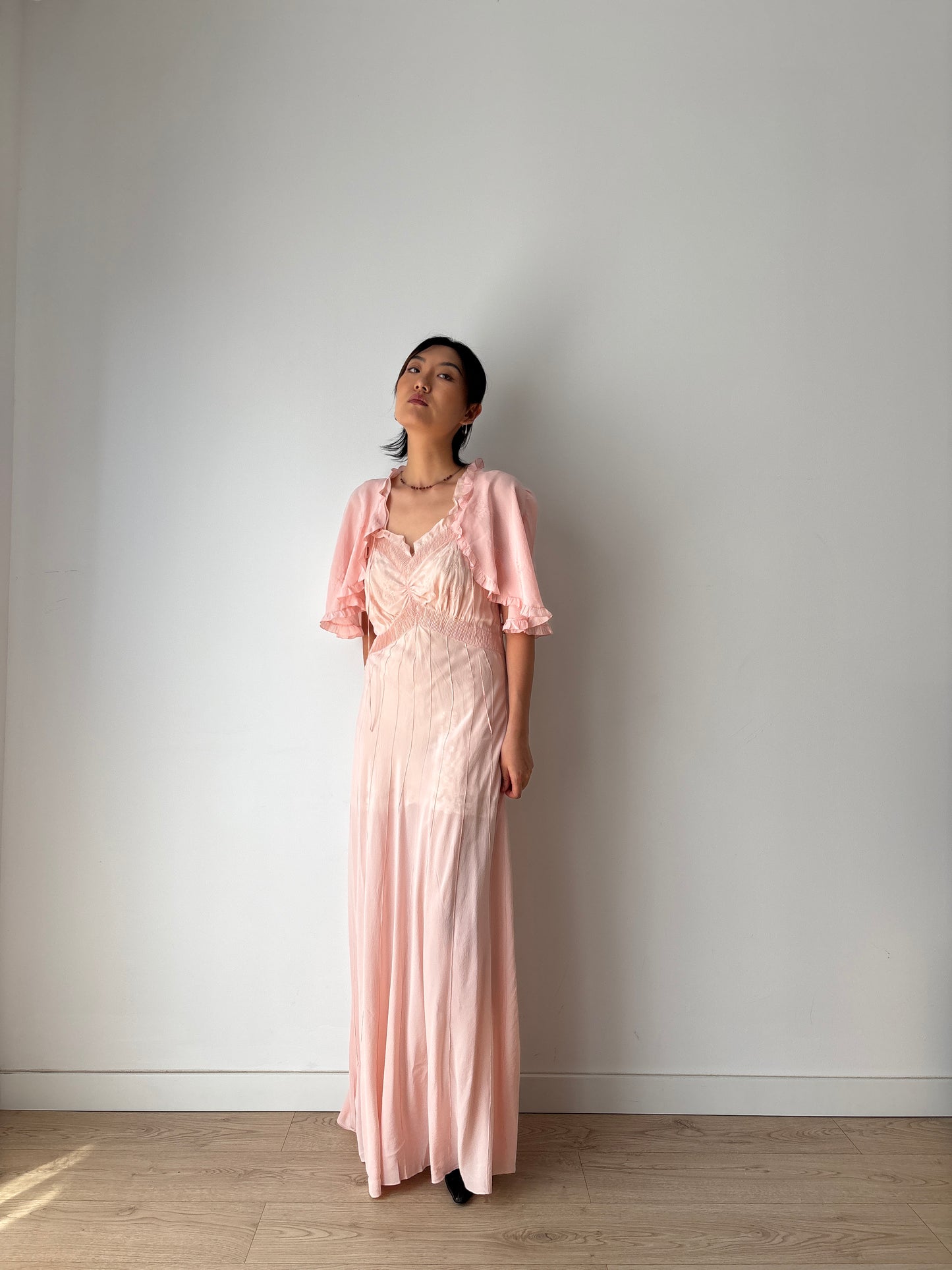 1930s 40s Pink Pure Silk Nightgown 2 Piece Set / Bed jacket and Slip Dress Lingerie Set
