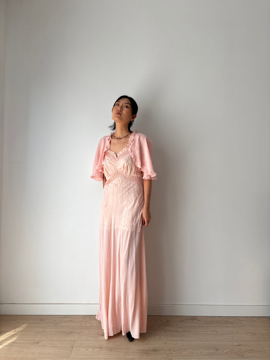 1930s 40s Pink Pure Silk Nightgown 2 Piece Set / Bed jacket and Slip Dress Lingerie Set