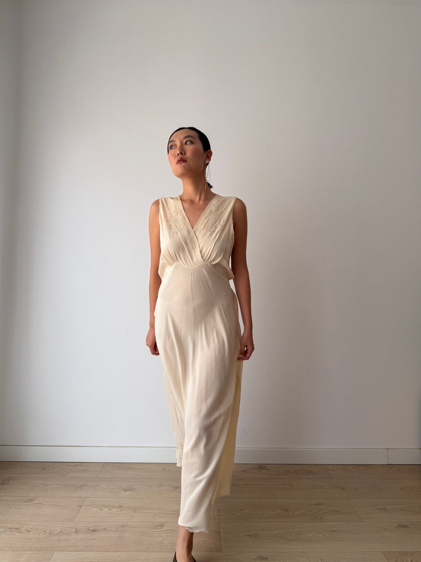 1950s bridal bias cut liquid pure silk crepe lace art deco style nightgown maxi slip dress