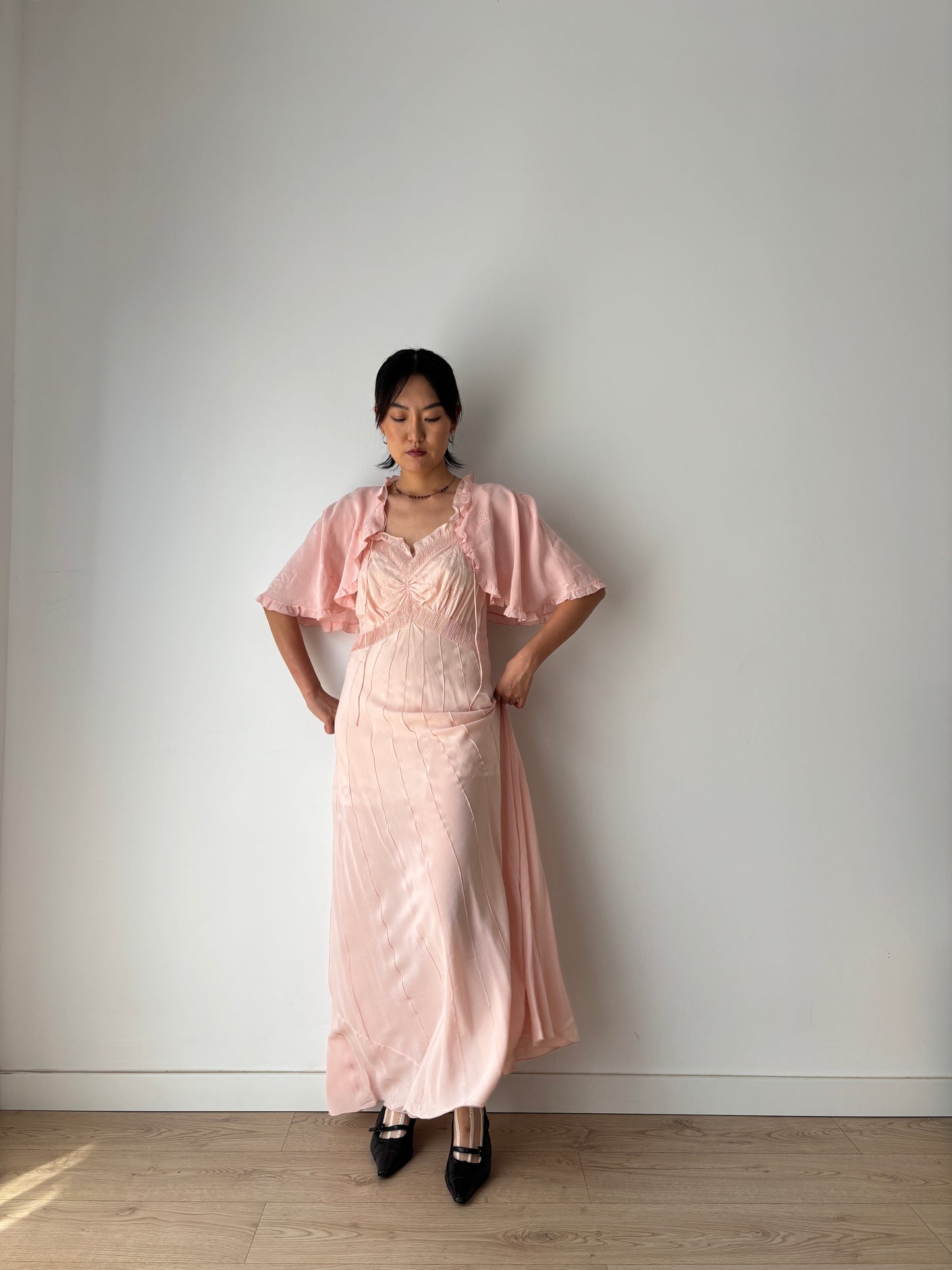 1930s 40s Pink Pure Silk Nightgown 2 Piece Set / Bed jacket and Slip Dress Lingerie Set