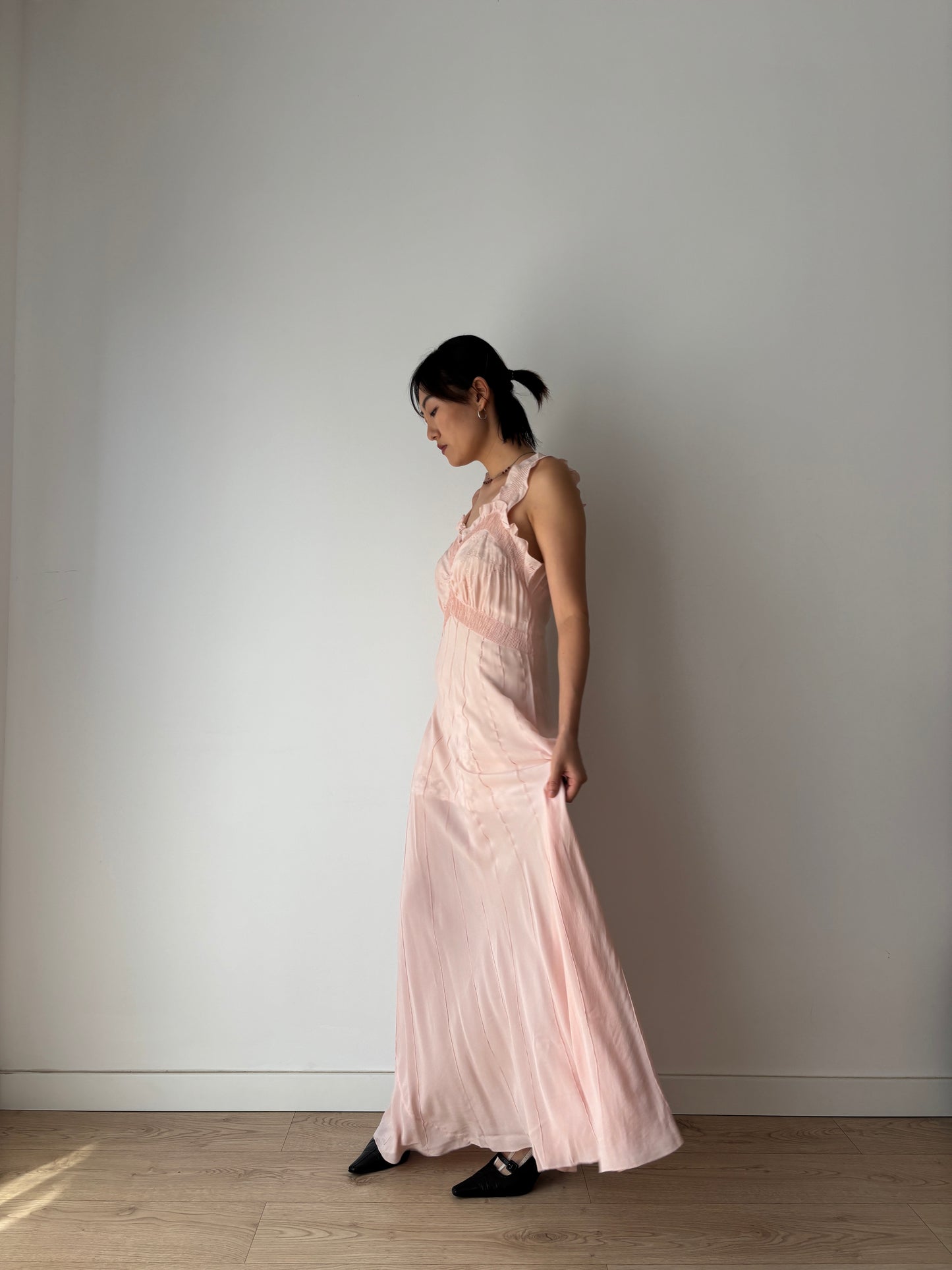 1930s 40s Pink Pure Silk Nightgown 2 Piece Set / Bed jacket and Slip Dress Lingerie Set