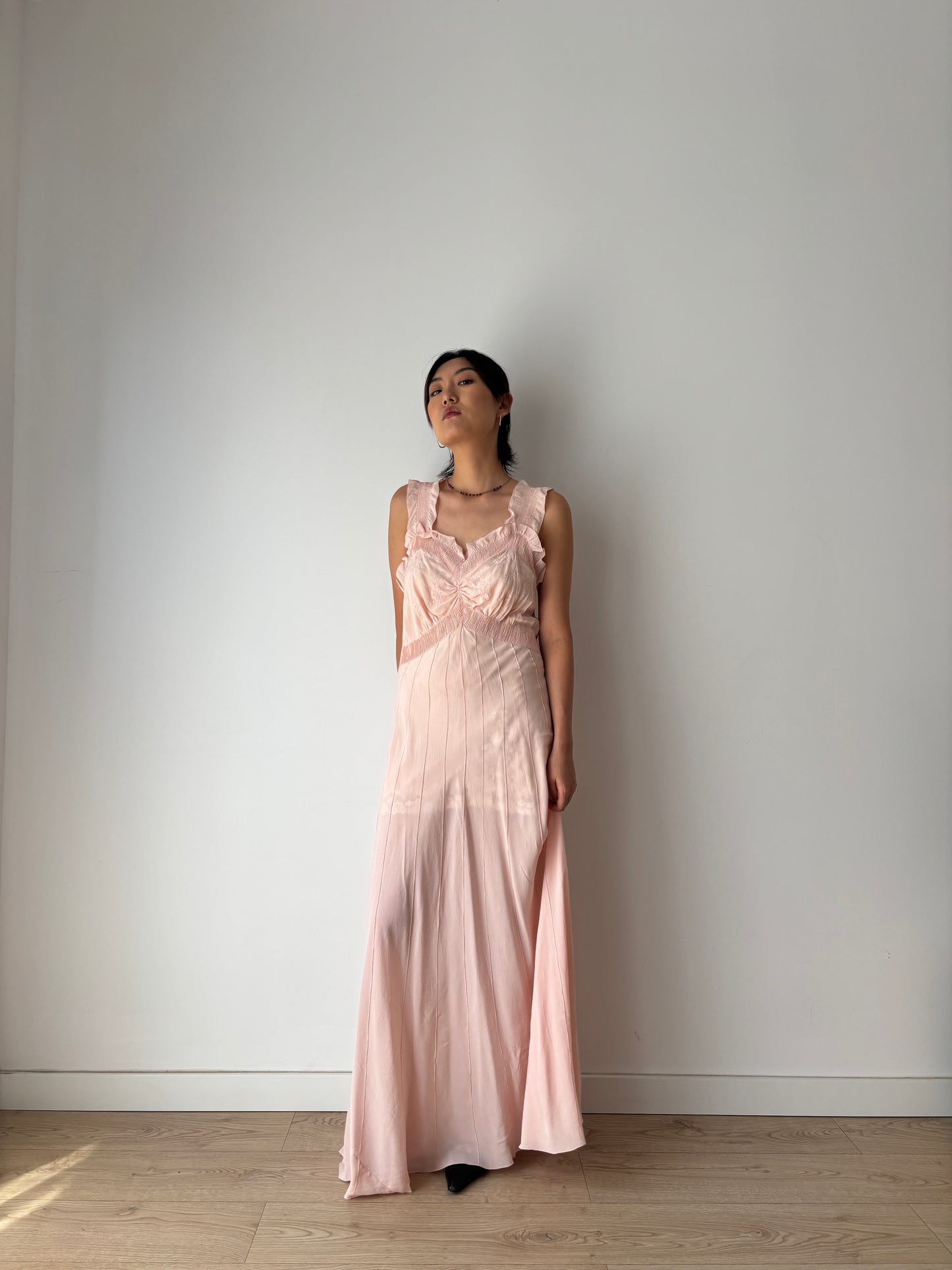 1930s 40s Pink Pure Silk Nightgown 2 Piece Set / Bed jacket and Slip Dress Lingerie Set