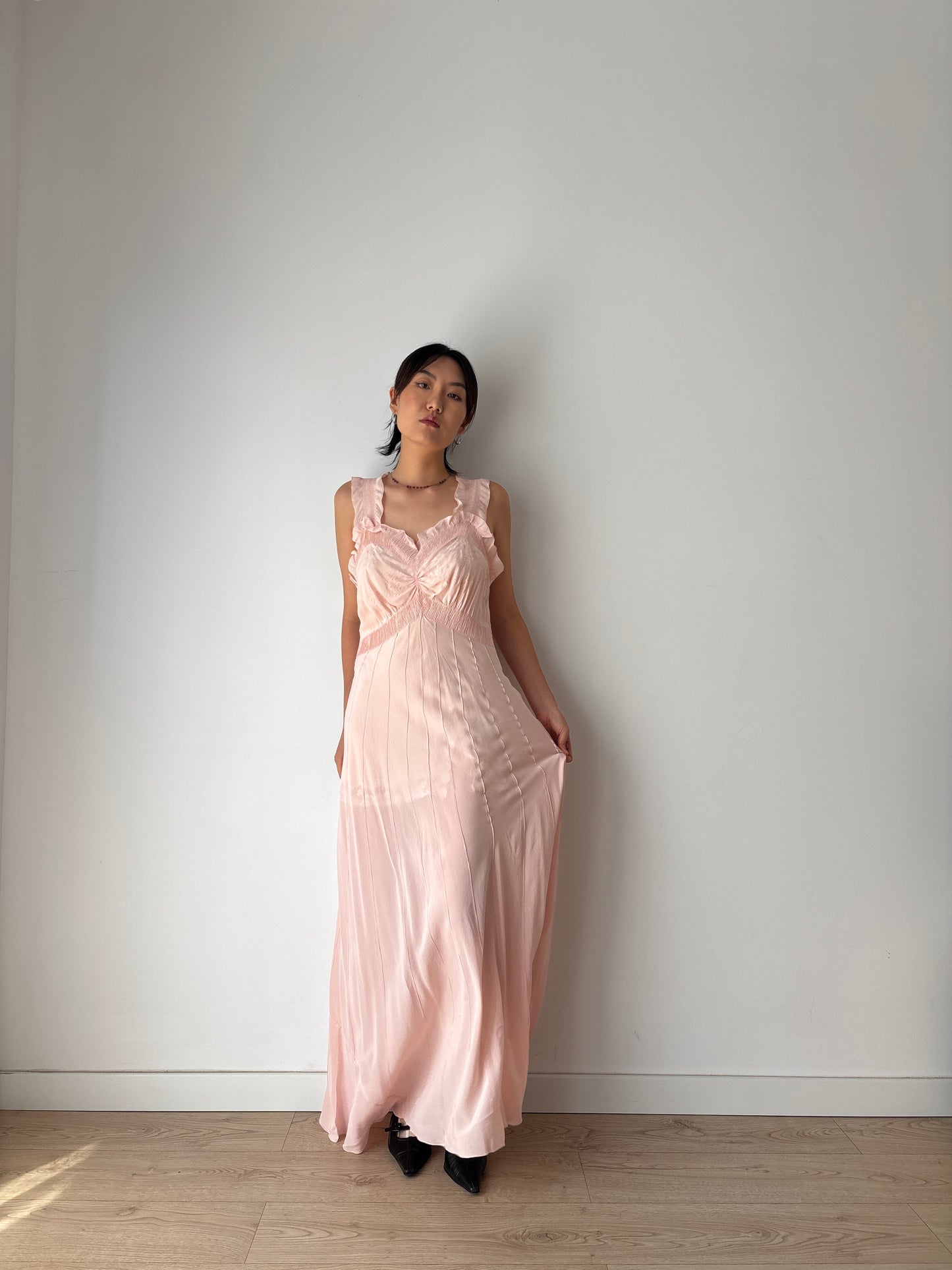 1930s 40s Pink Pure Silk Nightgown 2 Piece Set / Bed jacket and Slip Dress Lingerie Set