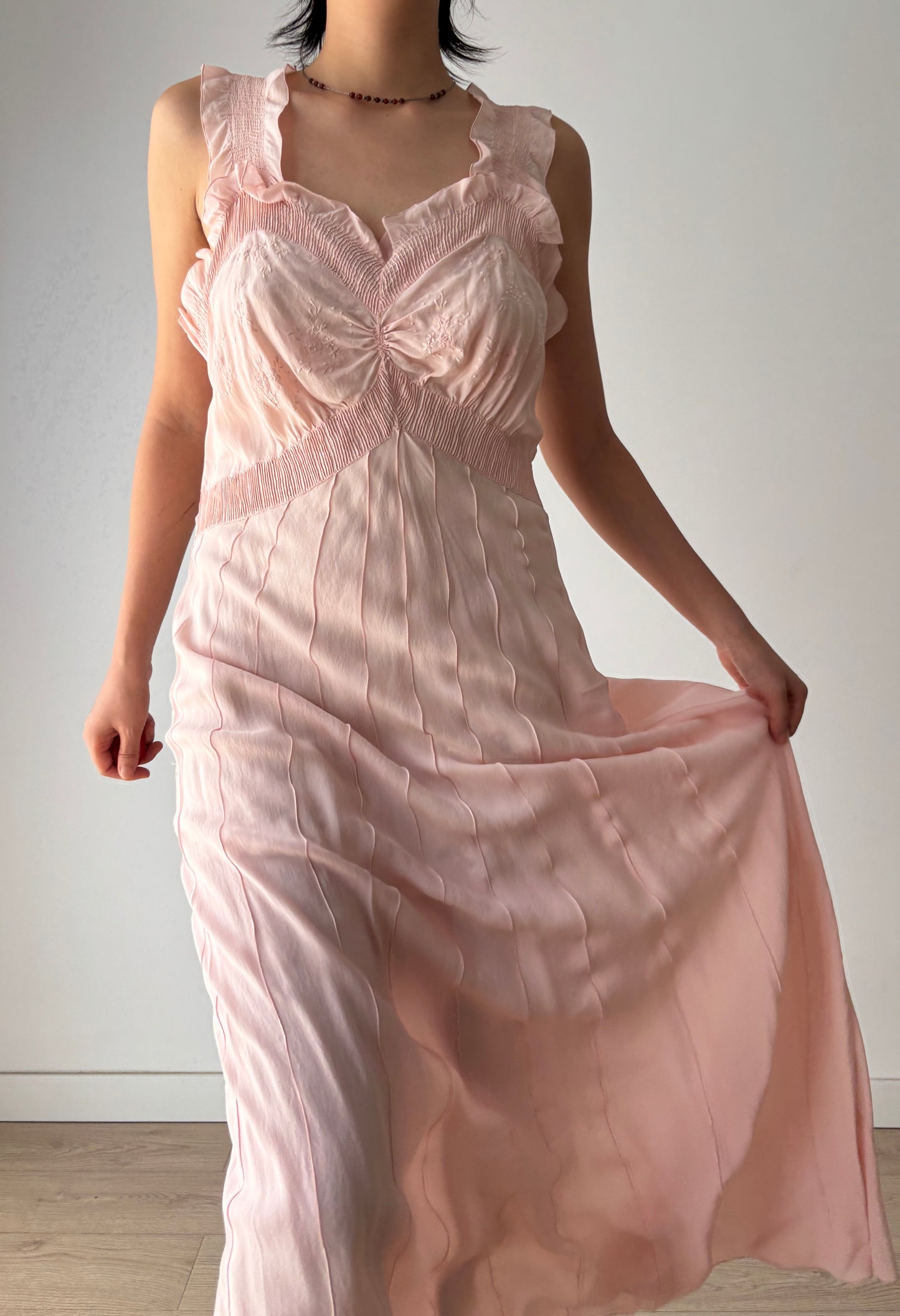 1930s 40s Pink Pure Silk Nightgown 2 Piece Set / Bed jacket and Slip Dress Lingerie Set