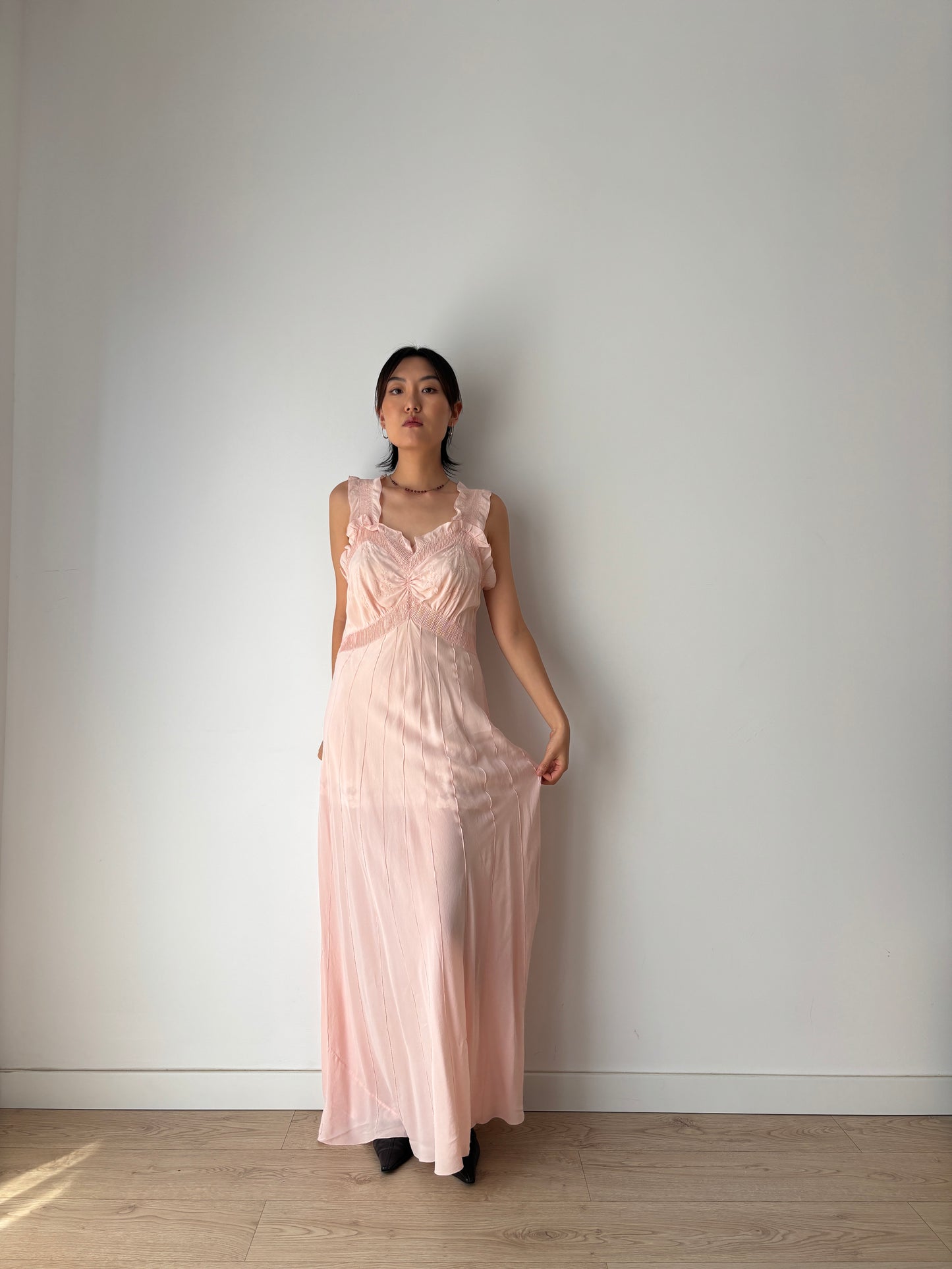 1930s 40s Pink Pure Silk Nightgown 2 Piece Set / Bed jacket and Slip Dress Lingerie Set