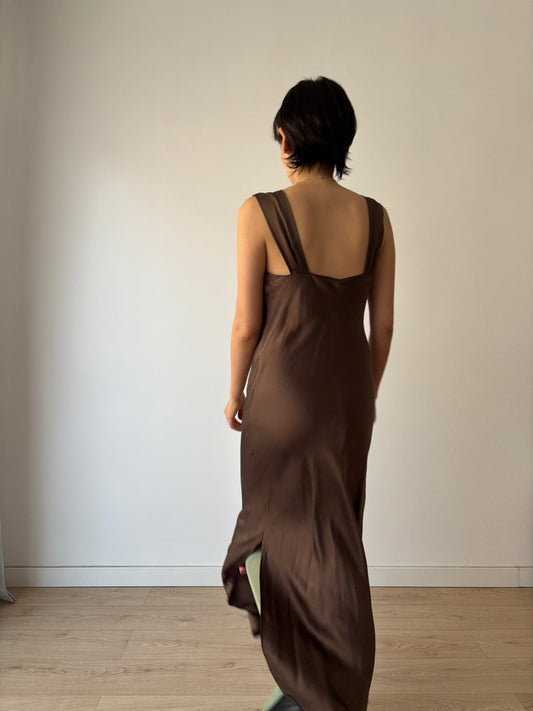 1990s Minimalistic Y2K Brown Silk Slip Dress
