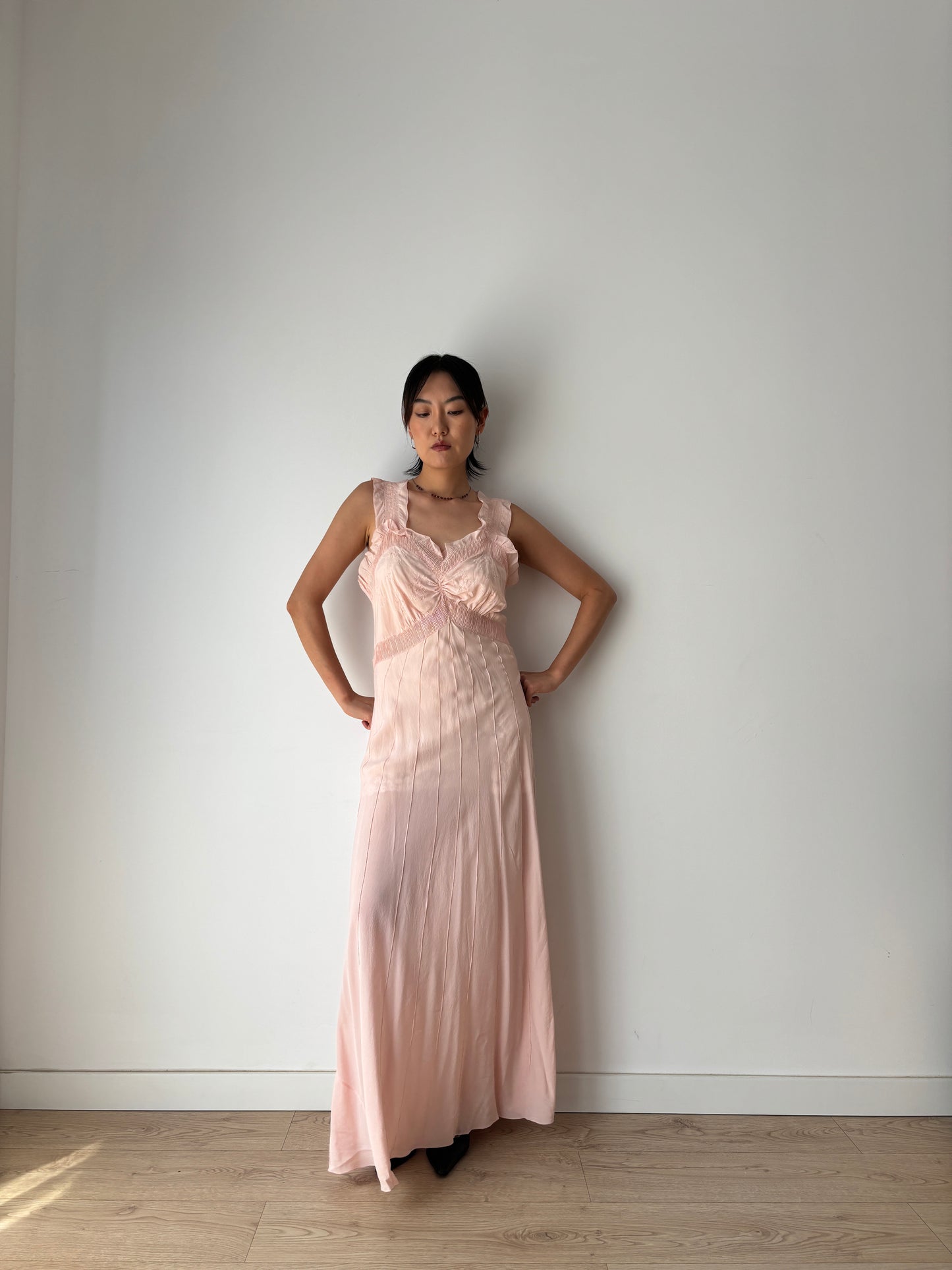 1930s 40s Pink Pure Silk Nightgown 2 Piece Set / Bed jacket and Slip Dress Lingerie Set