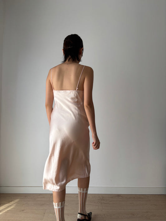 Vintage Antique Pale Pink Embroidery Lace Liquid Pure Silk Slip dress