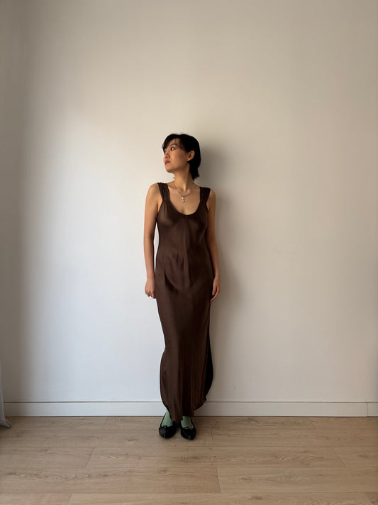 1990s Minimalistic Y2K Brown Silk Slip Dress