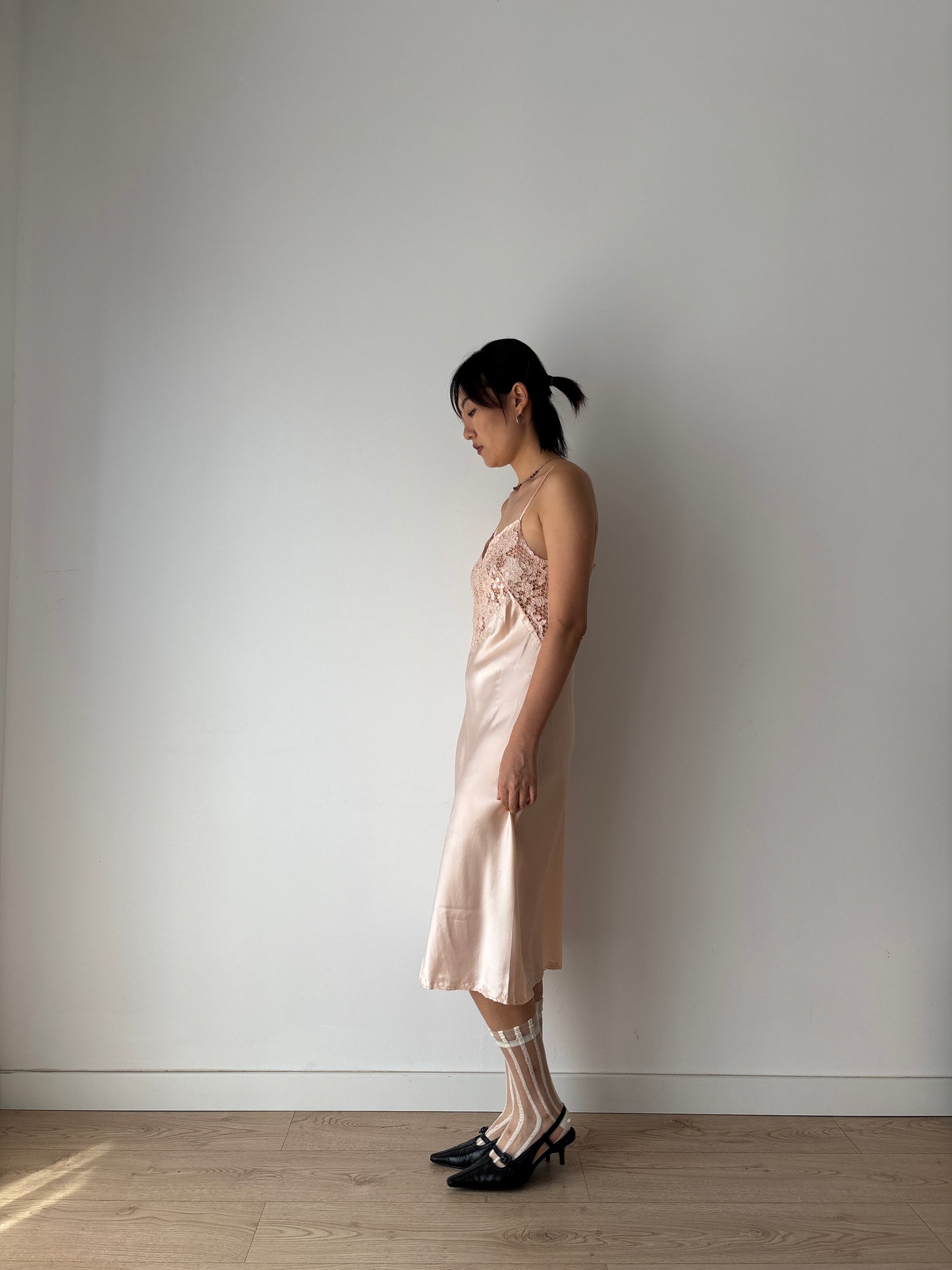 Vintage Antique Pale Pink Embroidery Lace Liquid Pure Silk Slip dress