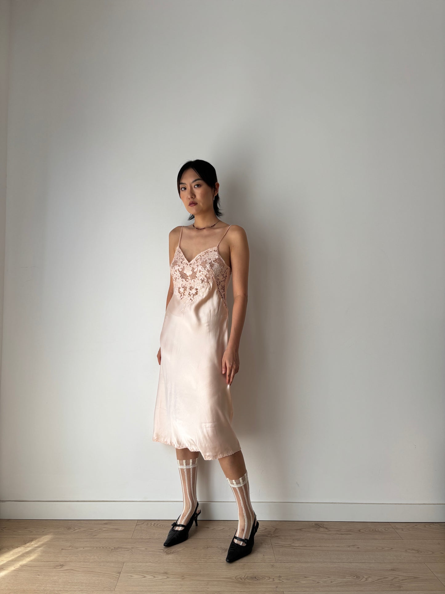 Vintage Antique Pale Pink Embroidery Lace Liquid Pure Silk Slip dress