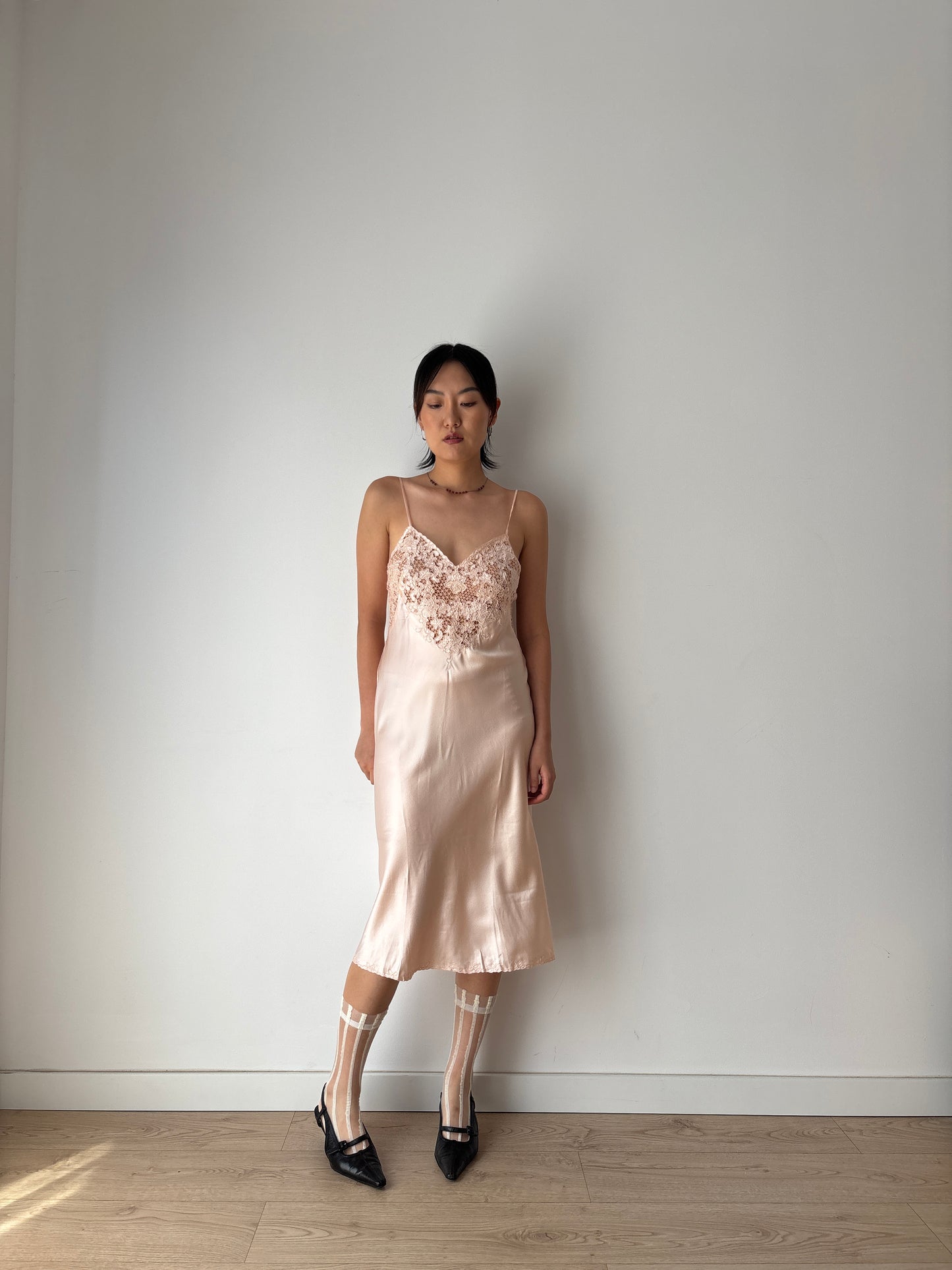 Vintage Antique Pale Pink Embroidery Lace Liquid Pure Silk Slip dress