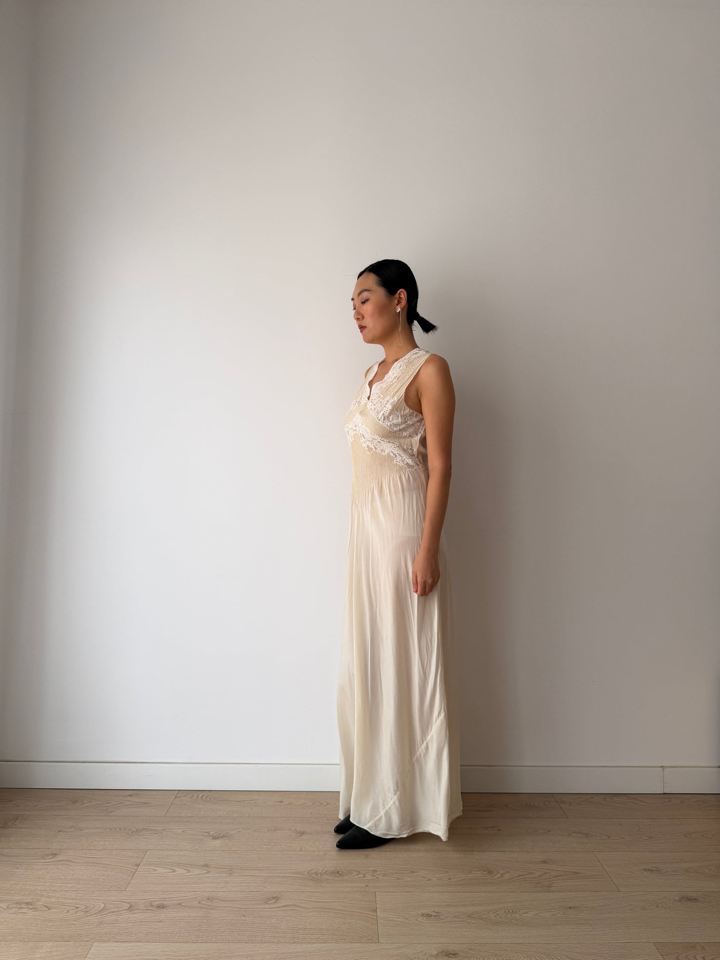 1930s Pure Silk French Lace Applique Bridal Dress: Antique Bias Cut Nightgown Bridal Lingerie