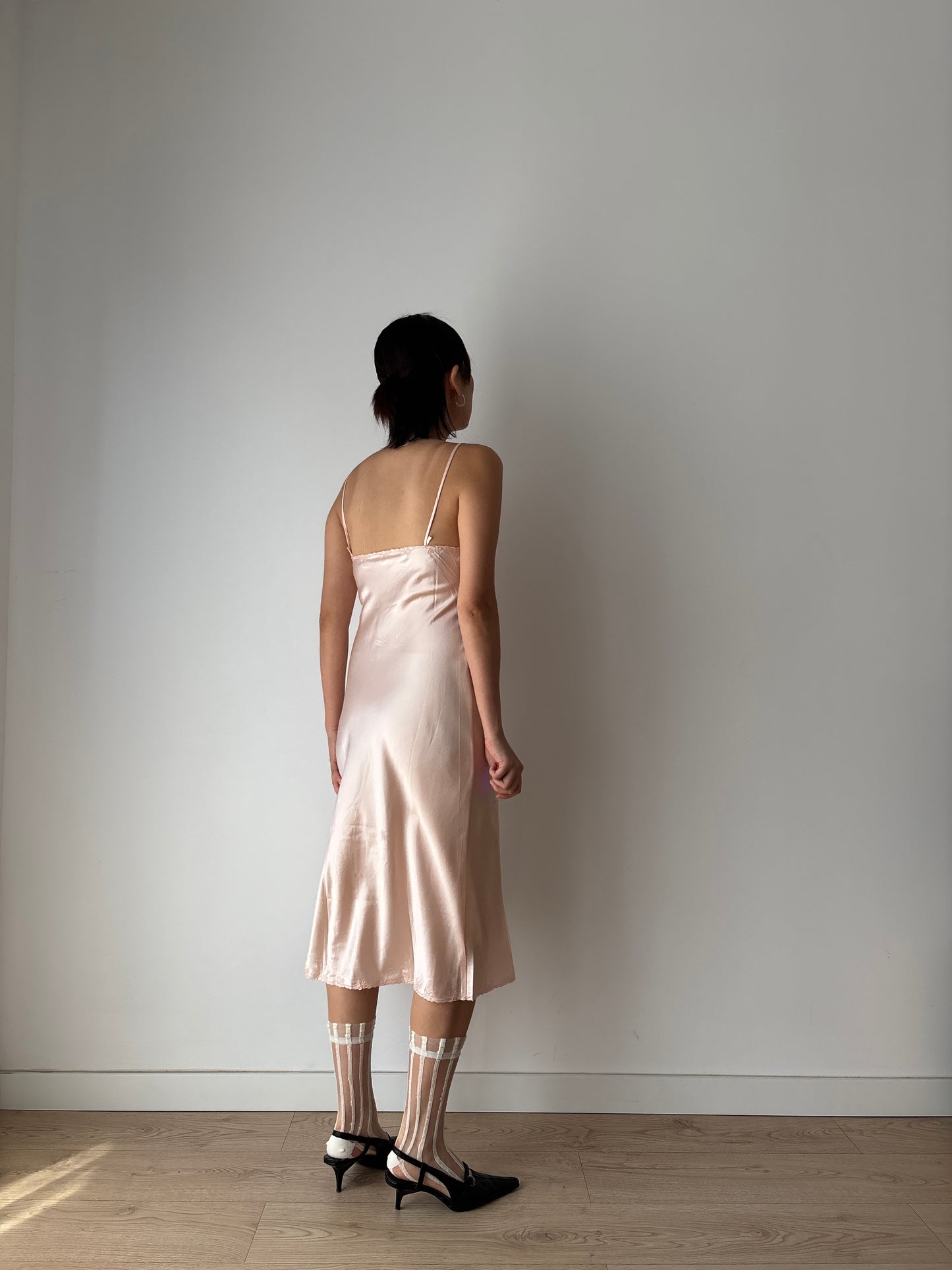 Vintage Antique Pale Pink Embroidery Lace Liquid Pure Silk Slip dress