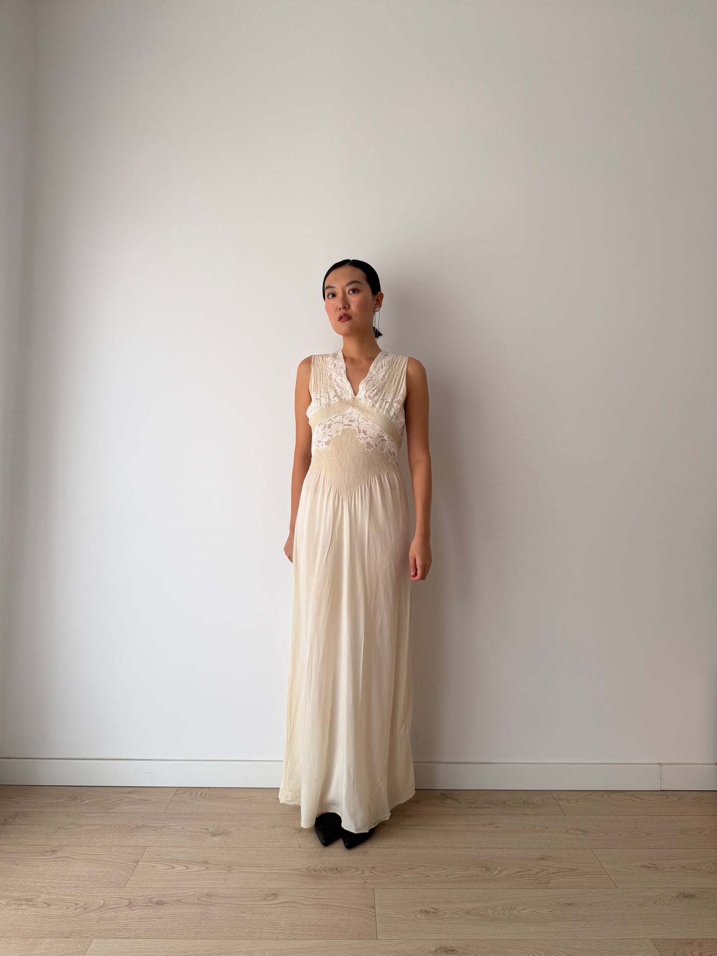 1930s Pure Silk French Lace Applique Bridal Dress: Antique Bias Cut Nightgown Bridal Lingerie