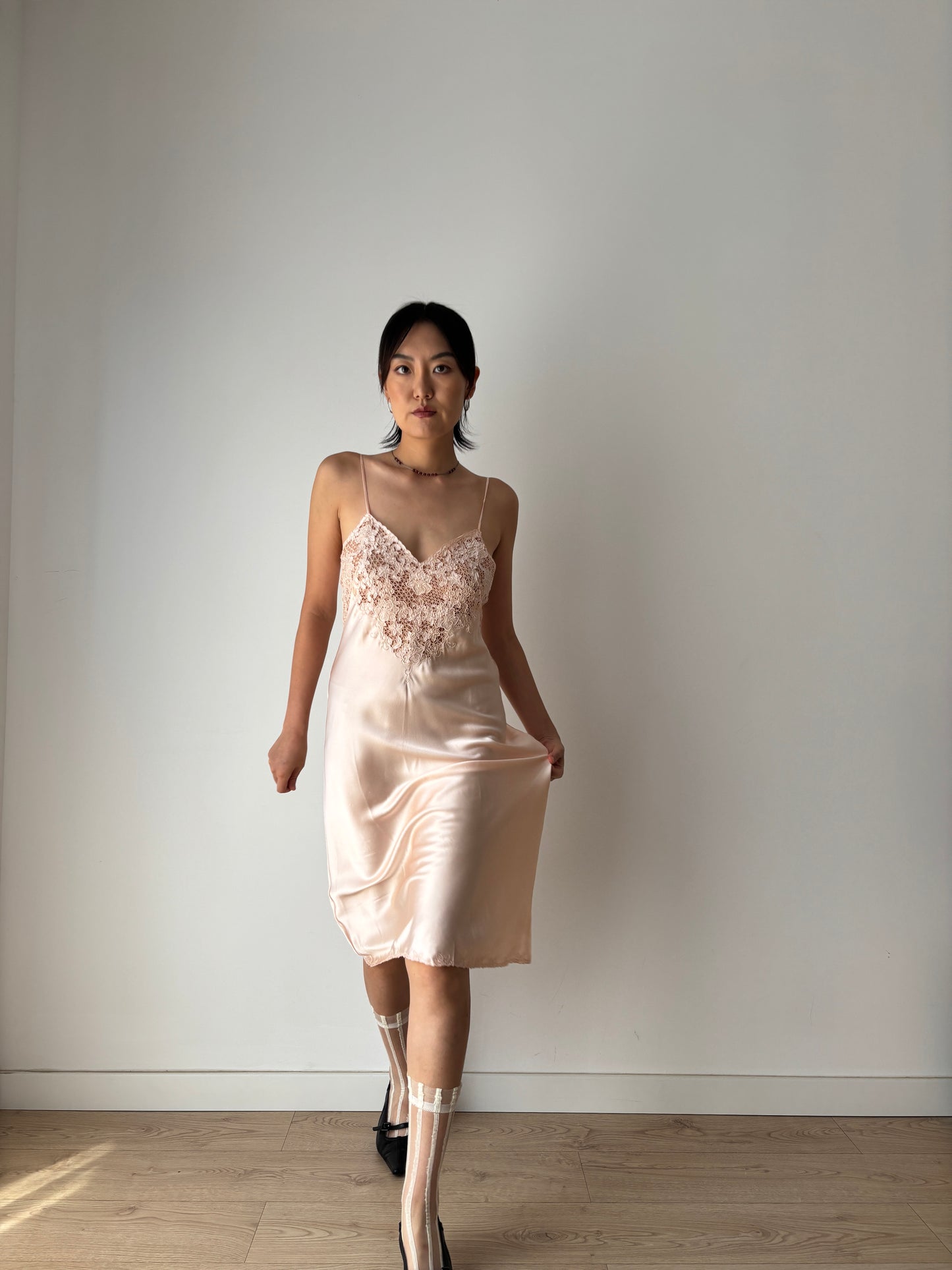 Vintage Antique Pale Pink Embroidery Lace Liquid Pure Silk Slip dress