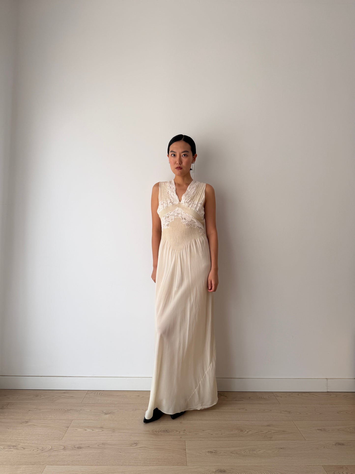 1930s Pure Silk French Lace Applique Bridal Dress: Antique Bias Cut Nightgown Bridal Lingerie