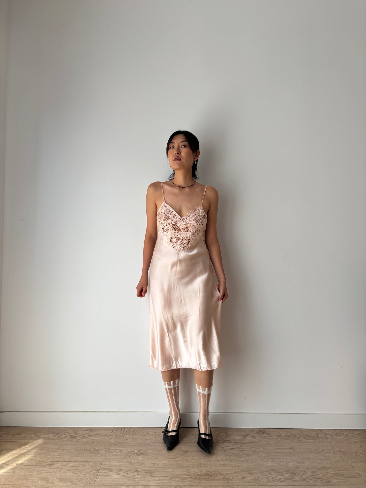 Vintage Antique Pale Pink Embroidery Lace Liquid Pure Silk Slip dress