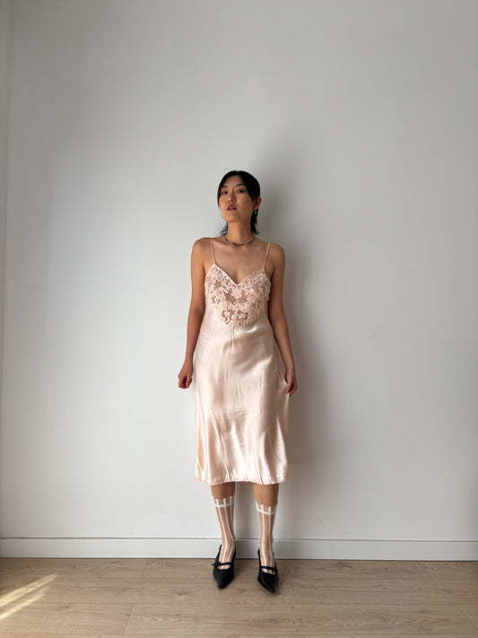 Vintage Antique Pale Pink Embroidery Lace Liquid Pure Silk Slip dress