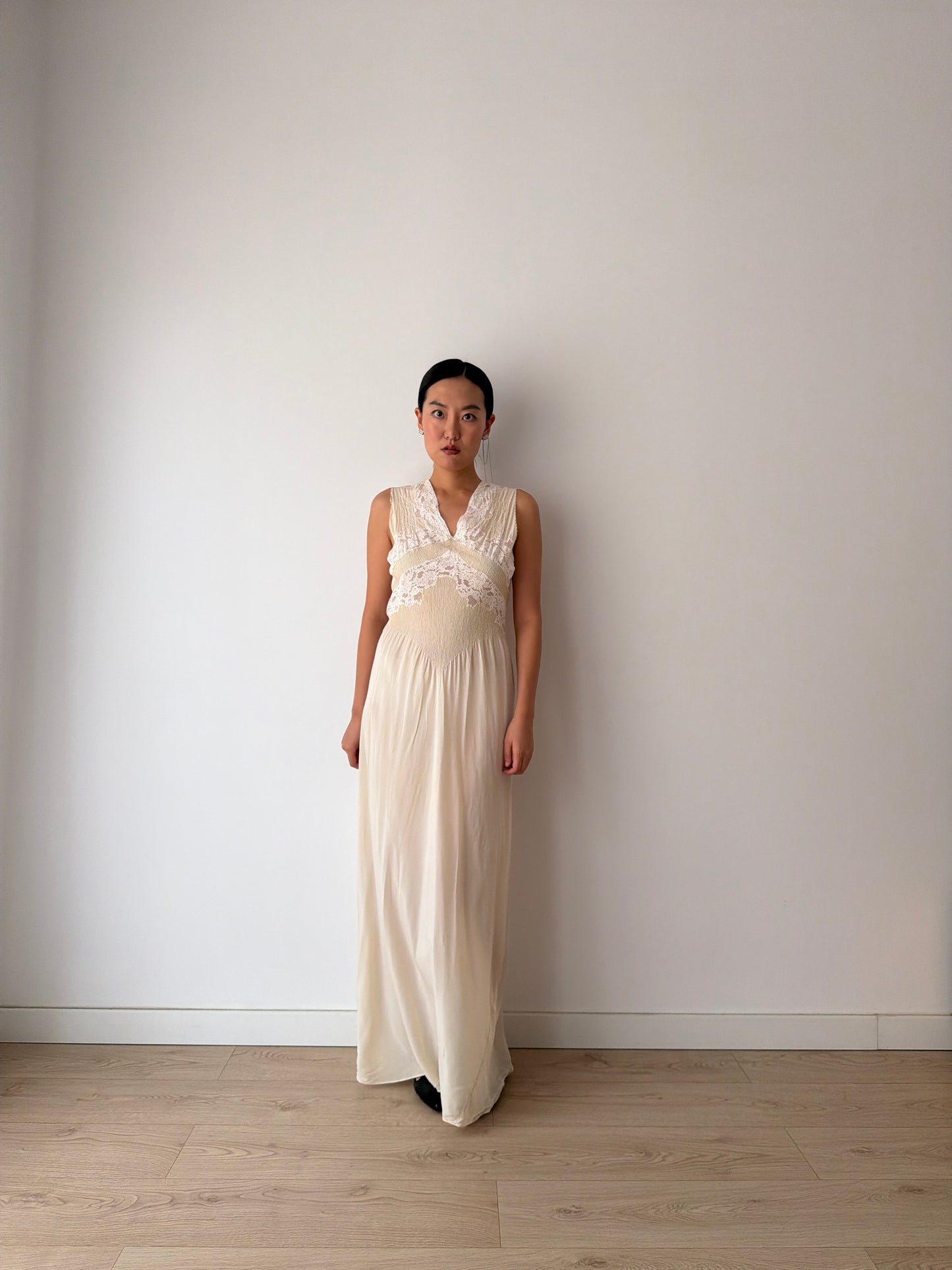 1930s Pure Silk French Lace Applique Bridal Dress: Antique Bias Cut Nightgown Bridal Lingerie
