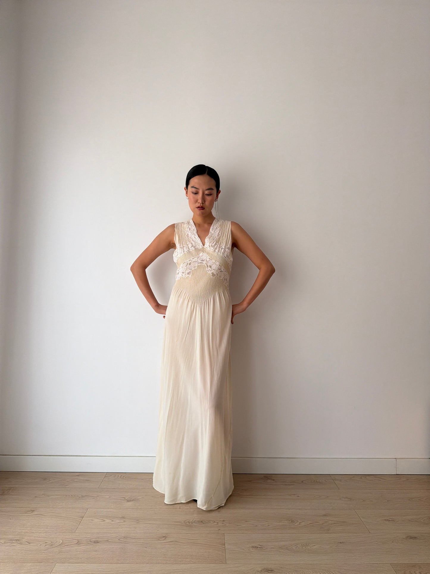 1930s Pure Silk French Lace Applique Bridal Dress: Antique Bias Cut Nightgown Bridal Lingerie