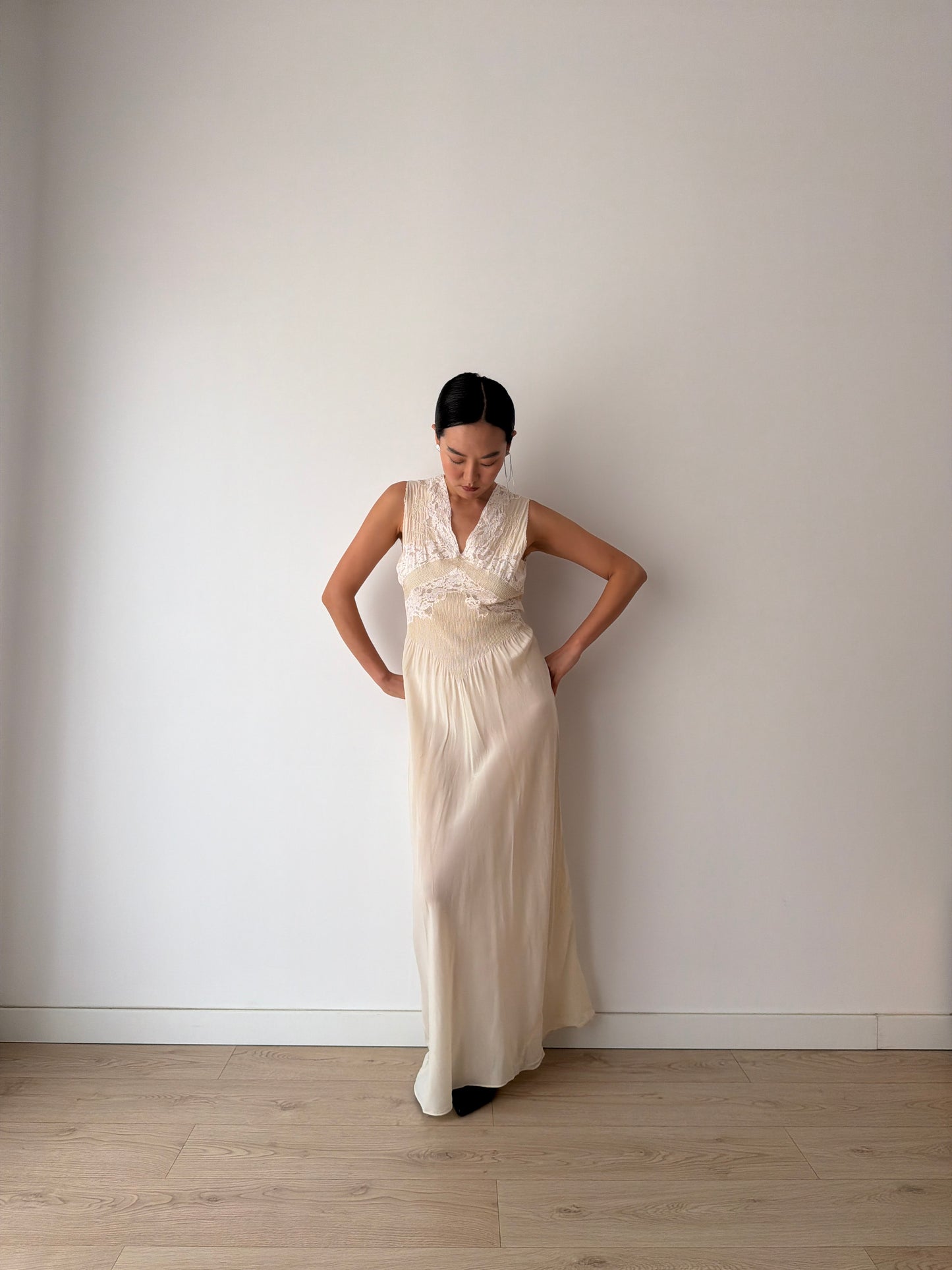 1930s Pure Silk French Lace Applique Bridal Dress: Antique Bias Cut Nightgown Bridal Lingerie