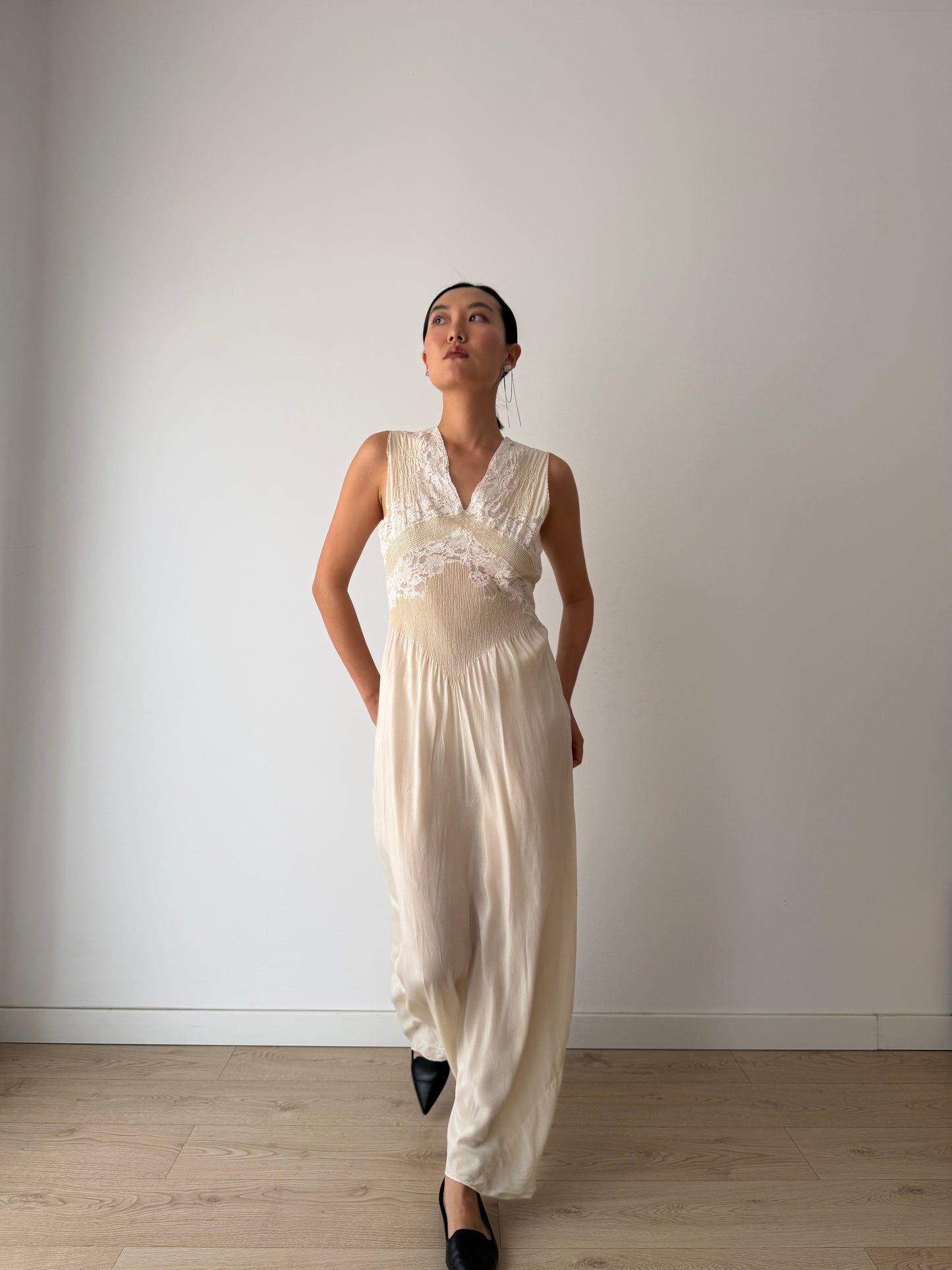 1930s Pure Silk French Lace Applique Bridal Dress: Antique Bias Cut Nightgown Bridal Lingerie