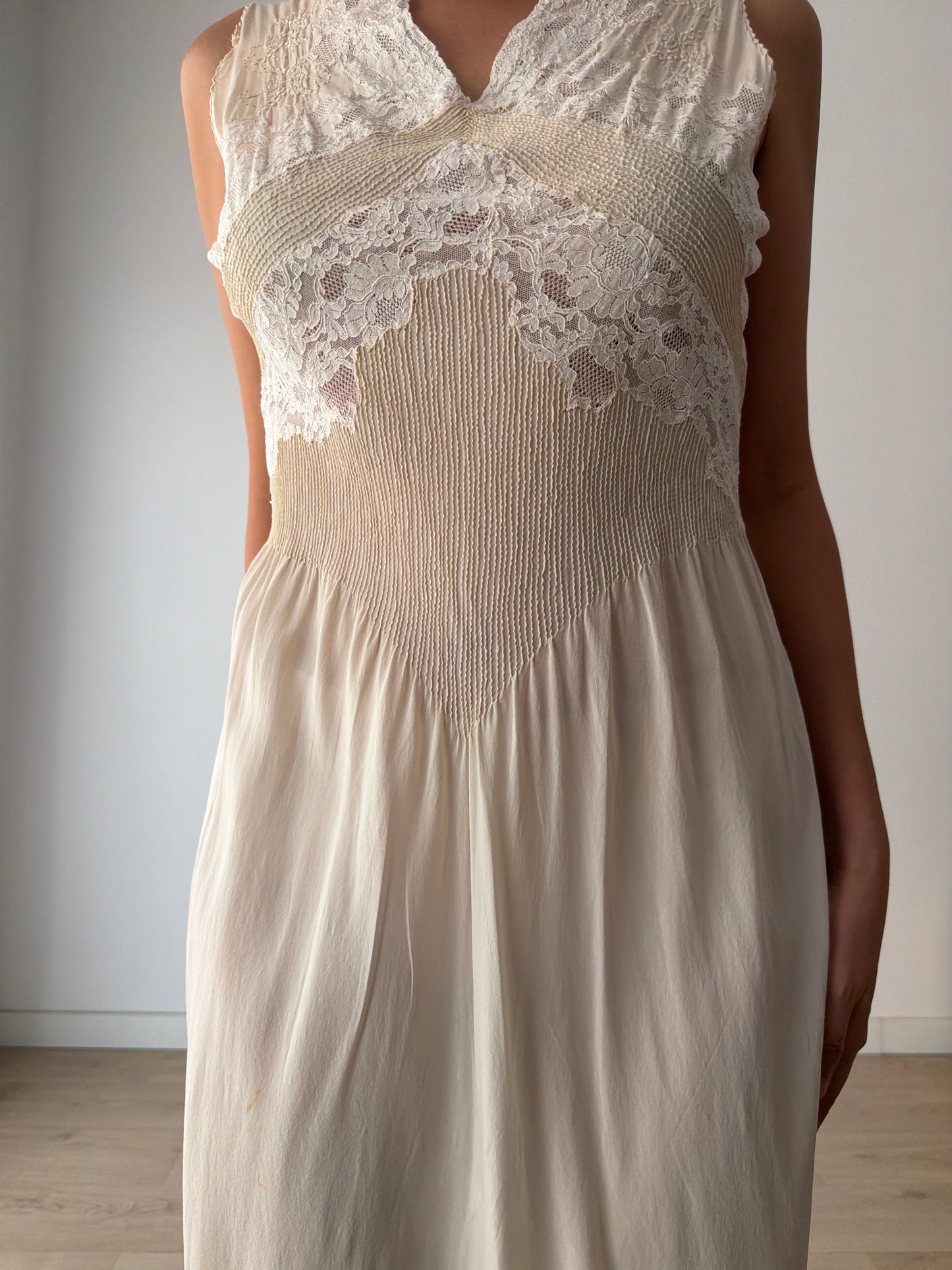 1930s Pure Silk French Lace Applique Bridal Dress: Antique Bias Cut Nightgown Bridal Lingerie