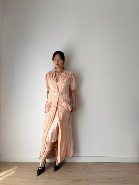 1930s 1940s Antique Vintage Pale Pink Silk Heavy Lace Nightgown Lingerie Robe